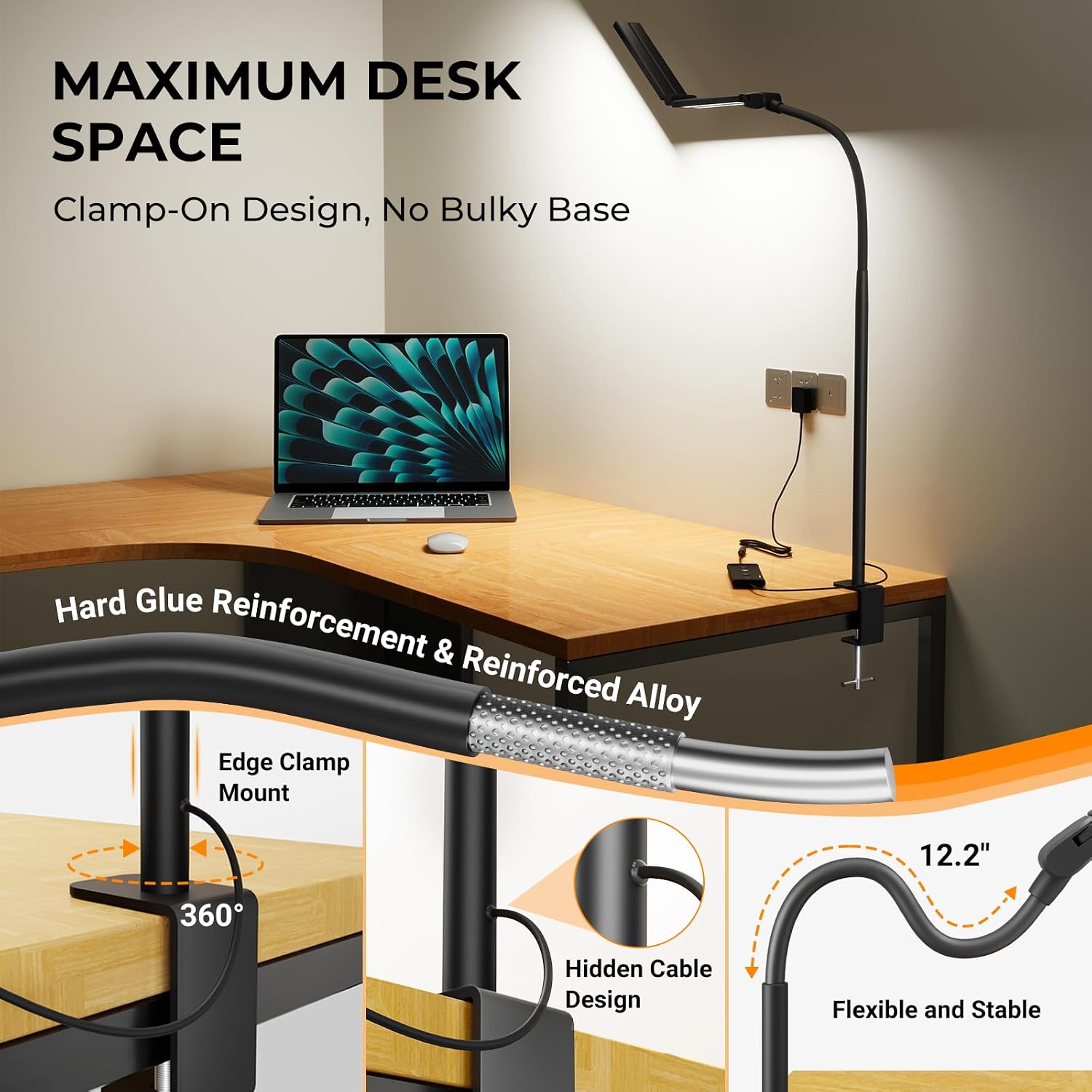 LED Desk Lamps for Home Office, Adjustable Swing Arm Desk Lamp with Clamp | Gooseneck Tall Clip on Desk Light for