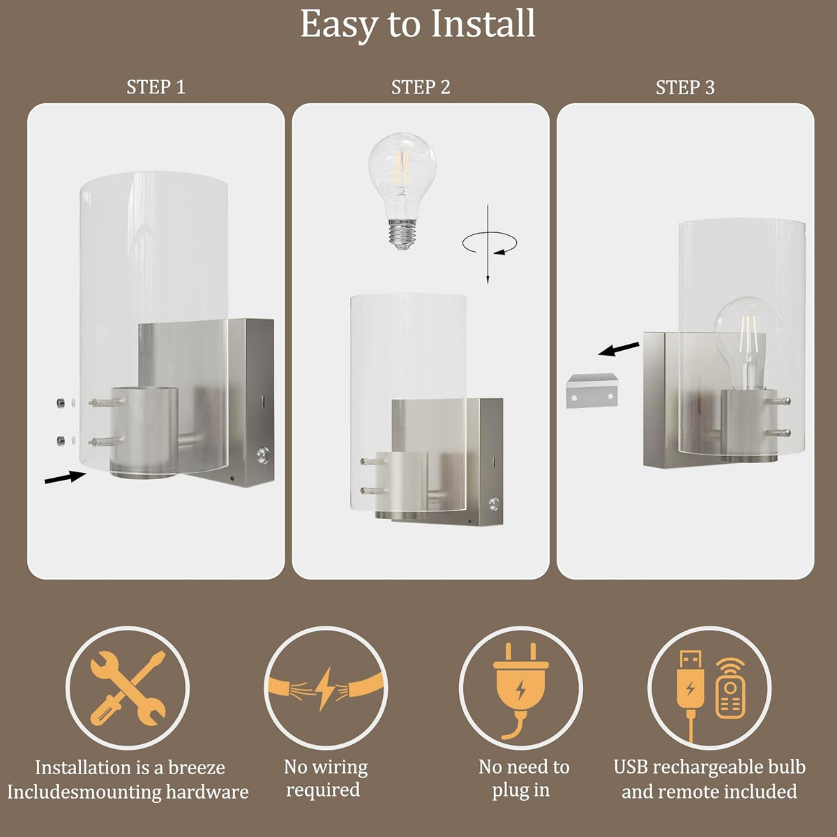 Morauroral Sand-Nickel Battery Operated Wireless Wall Sconces Set of Two | Dimmable Rechargeable Wall Sconce with