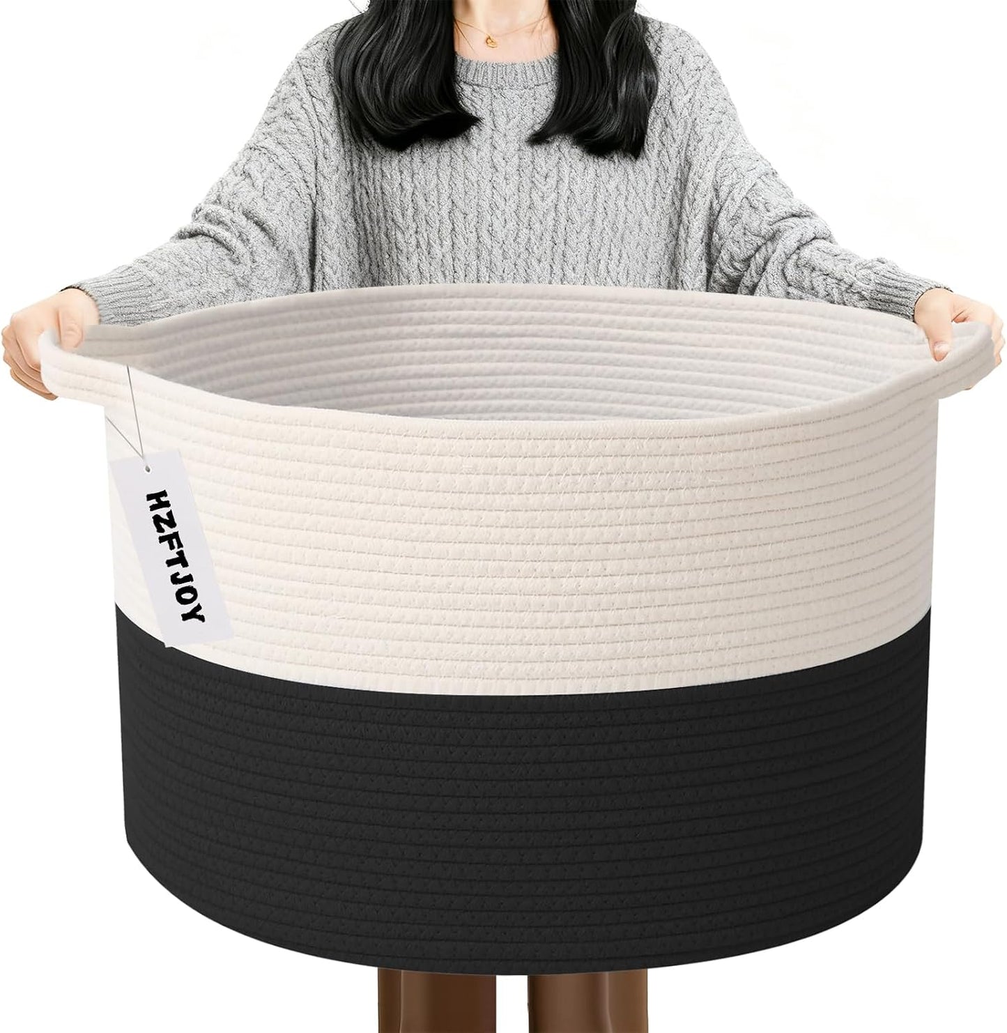 90L Extra Large Blanket Basket,Woven Laundry Basket-White&Black