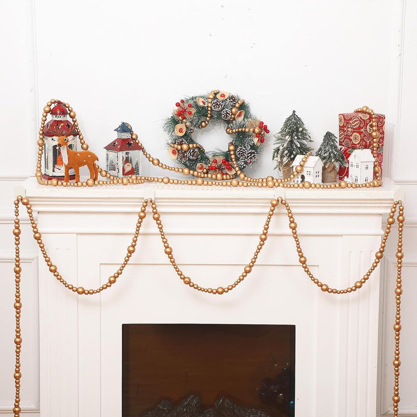 4 Pcs 72 ft Christmas Tree Wood Bead Garland Christmas Wooden Beads Garland Hanging Boho Xmas Decor Rustic Farmhouse