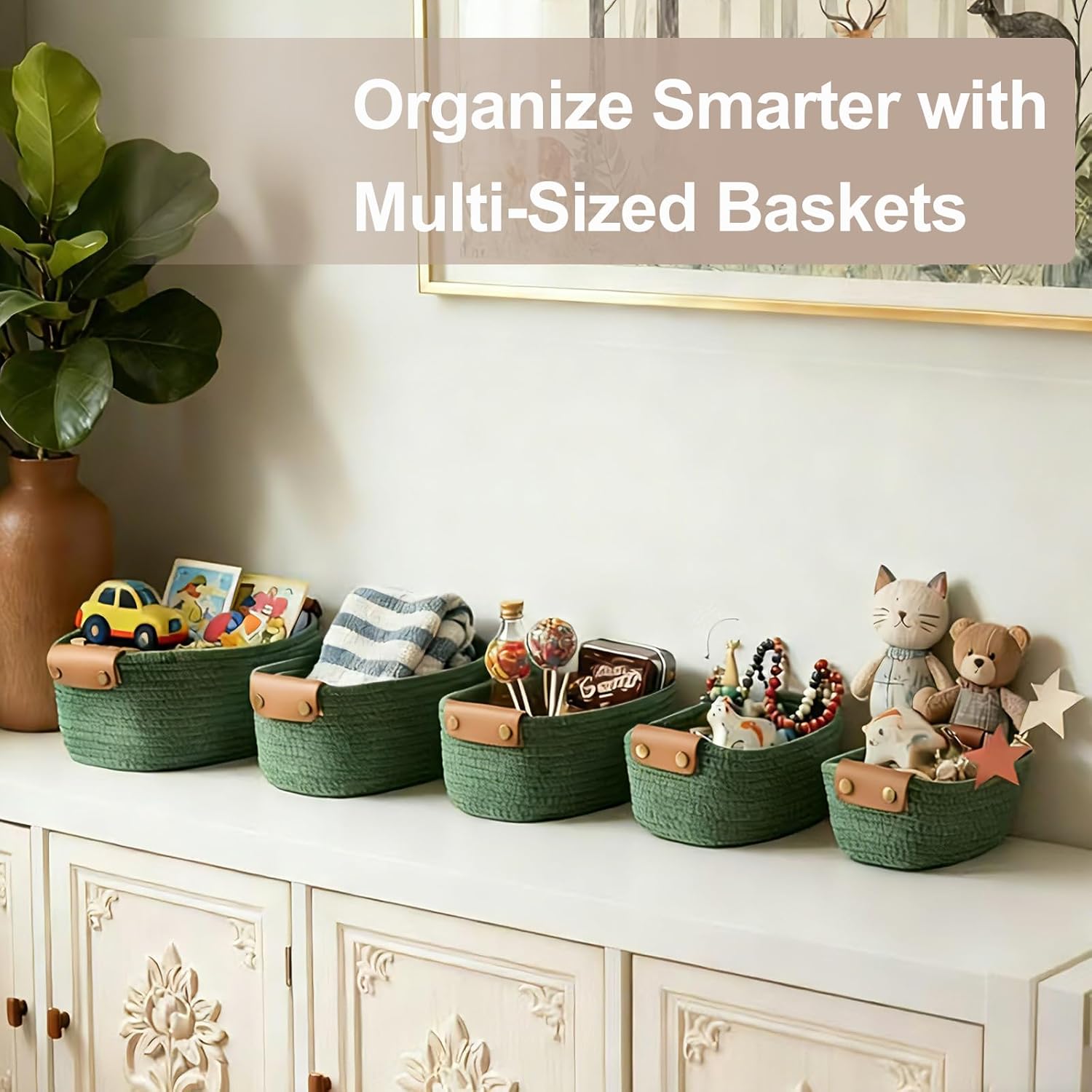 Woven Rope Shelf Bins for Organizing / Sage / Green / Set of 5