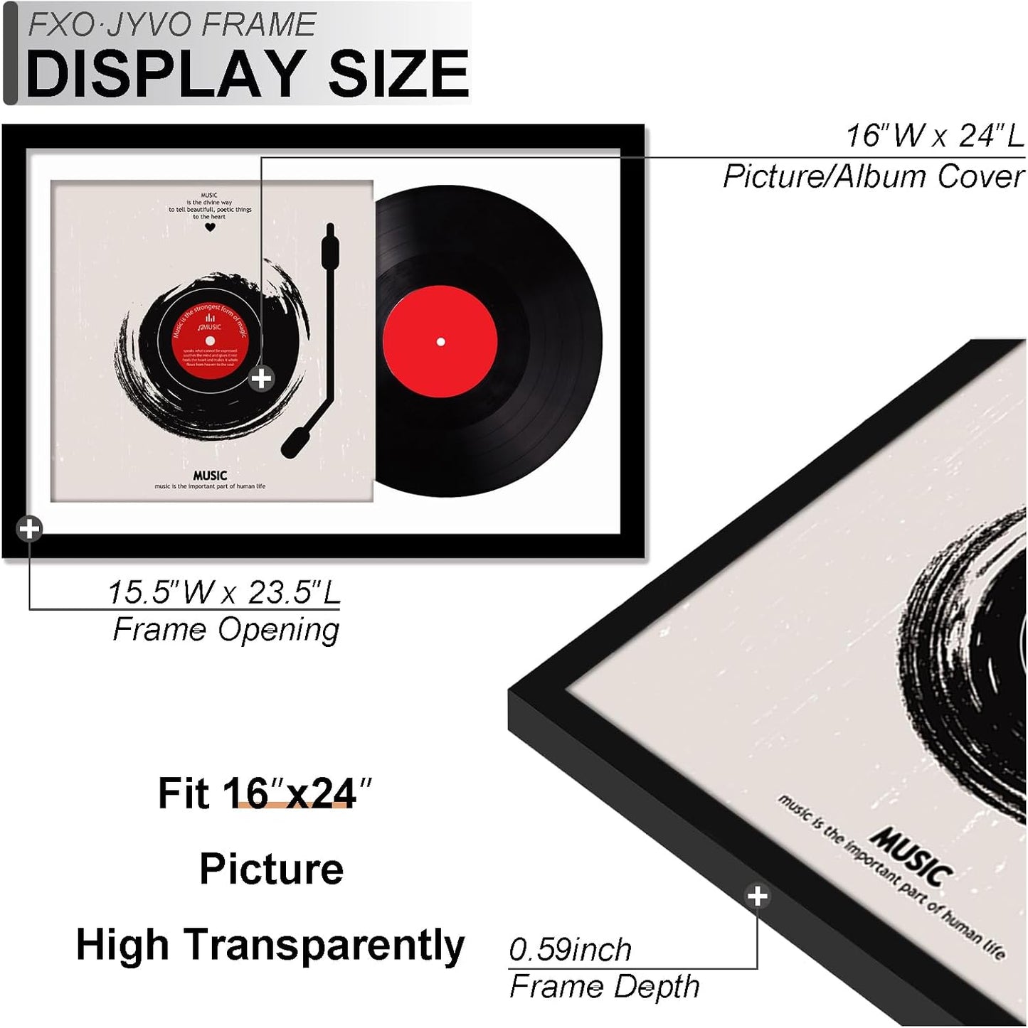 Vinyl Record Frame Display for 12 inch LP with 12.5x12.5 Album Cover | Black 16x24 Frame Light Weight with High-Clarity
