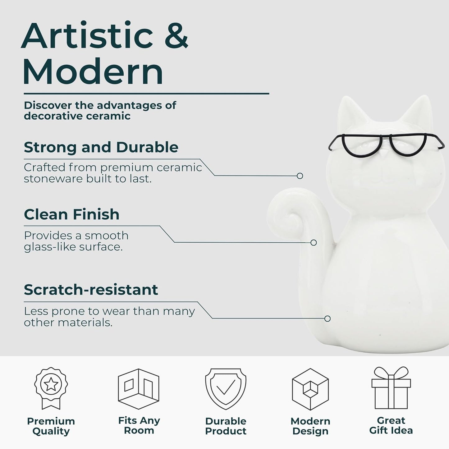 Ceramic Cat Figurine Sculpture / 8.0" H / White