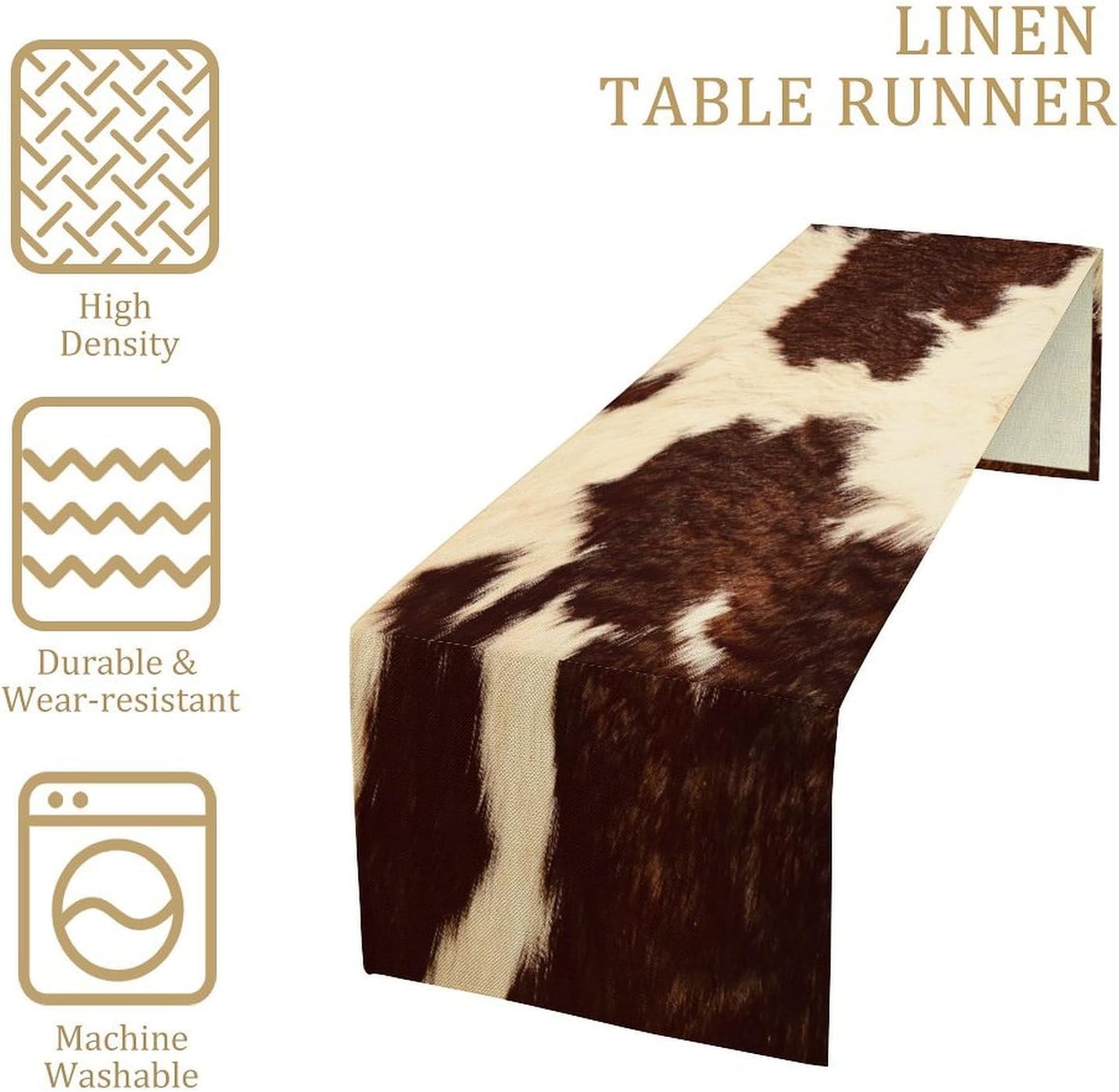 Cow Print Table Runner - Brown Cowhide Western Style Country Farmhouse Pattern Linen for Home Kitchen Dining