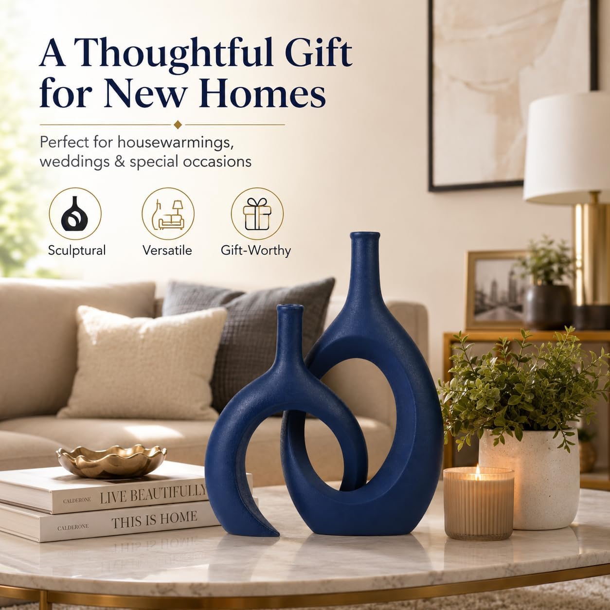 Modern Snuggle and Huging Style Ceramic Vase for Pampas Grass / Blue / Set of 2