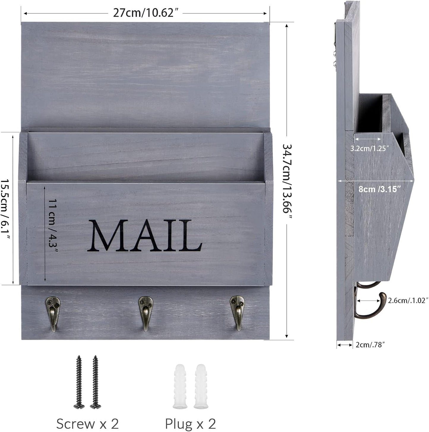 Wooden Mail Holder / Gray / Wall Mount