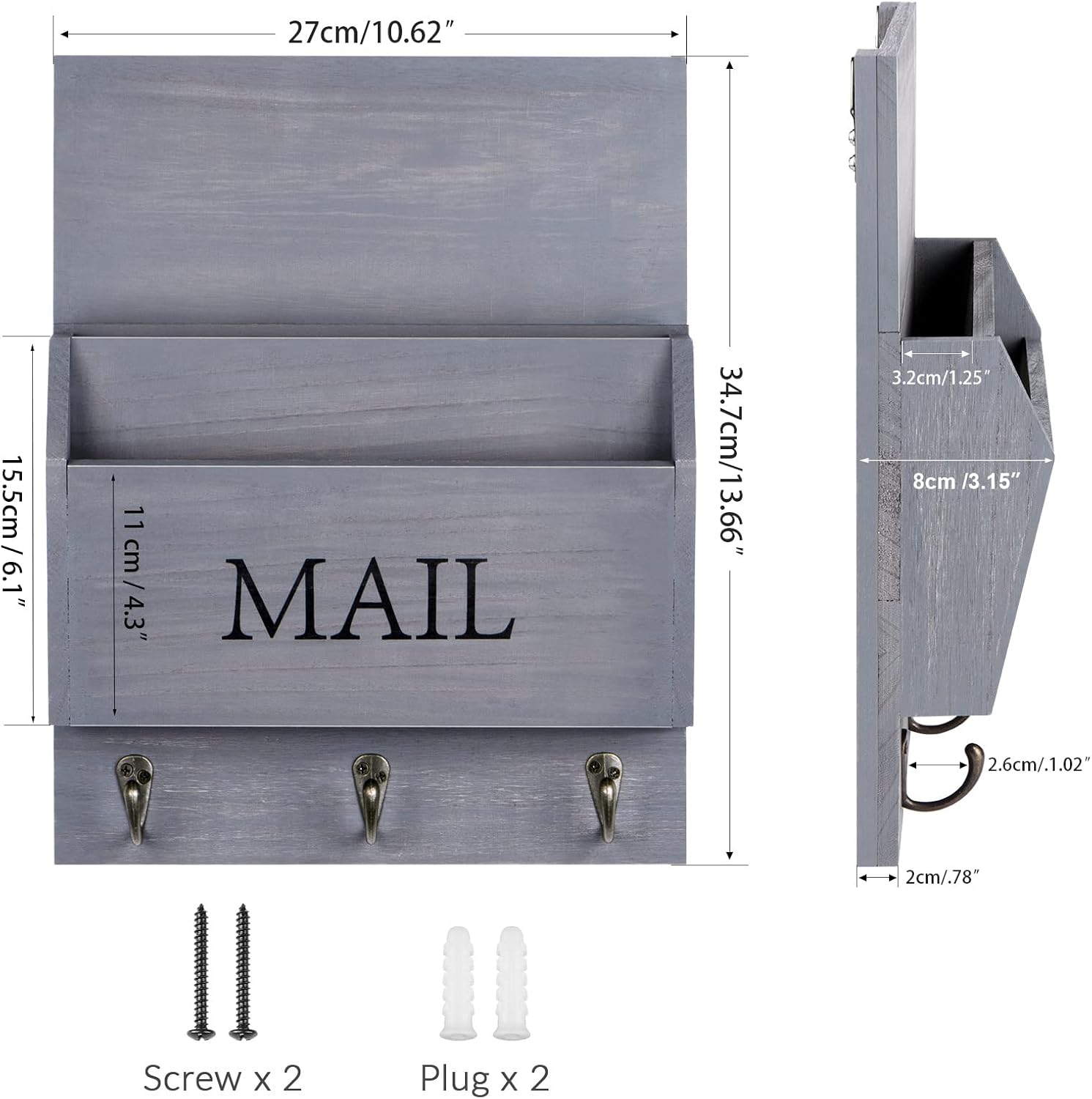 Wooden Mail Holder / Gray / Wall Mount