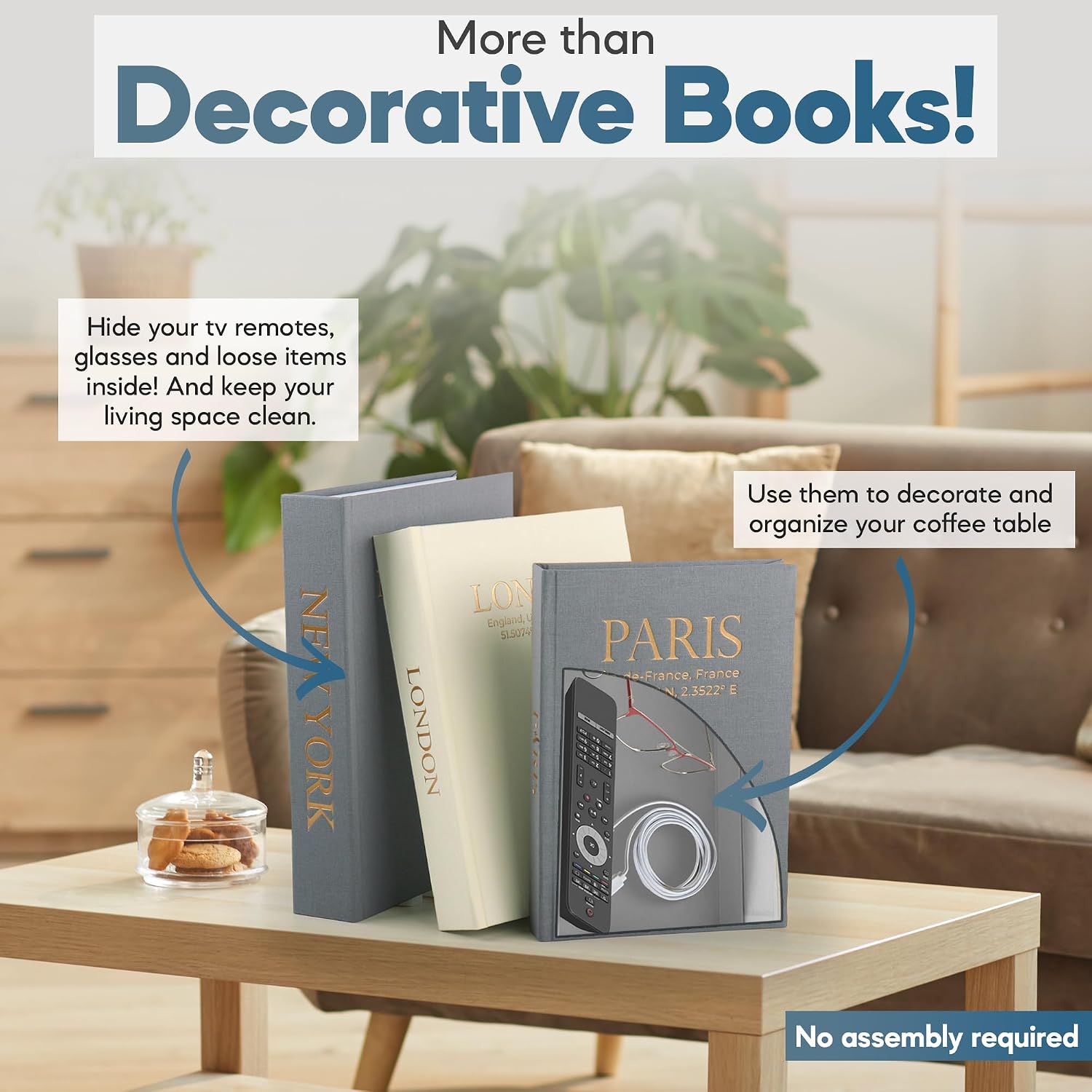 Faux Book Storage Box Set / Gray-cream-gray / Modern / Set of 3
