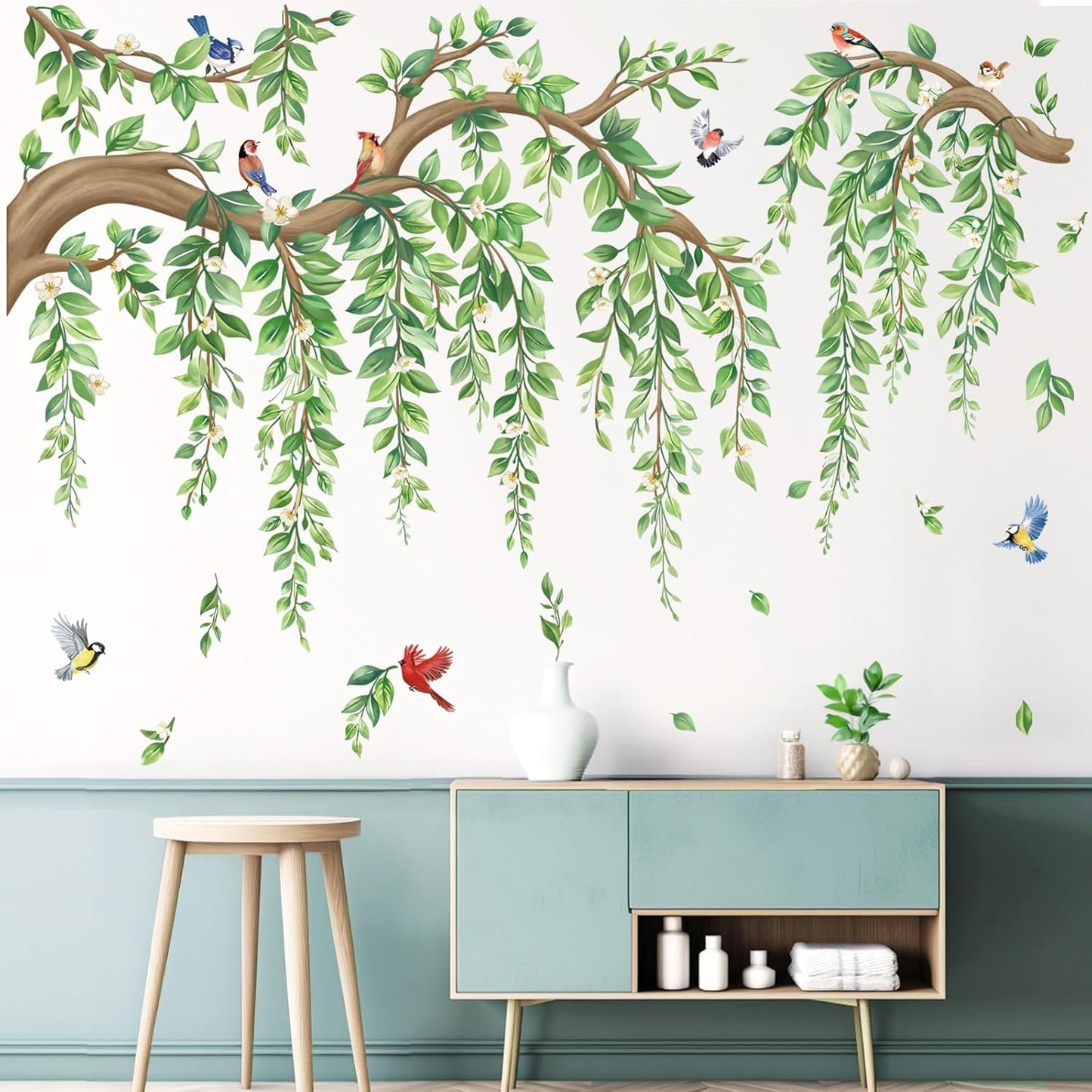 Large Tree Branch Hanging Vine Wall Stickers Leaf Flower Birds Peel and Stick Wall Art / Green
