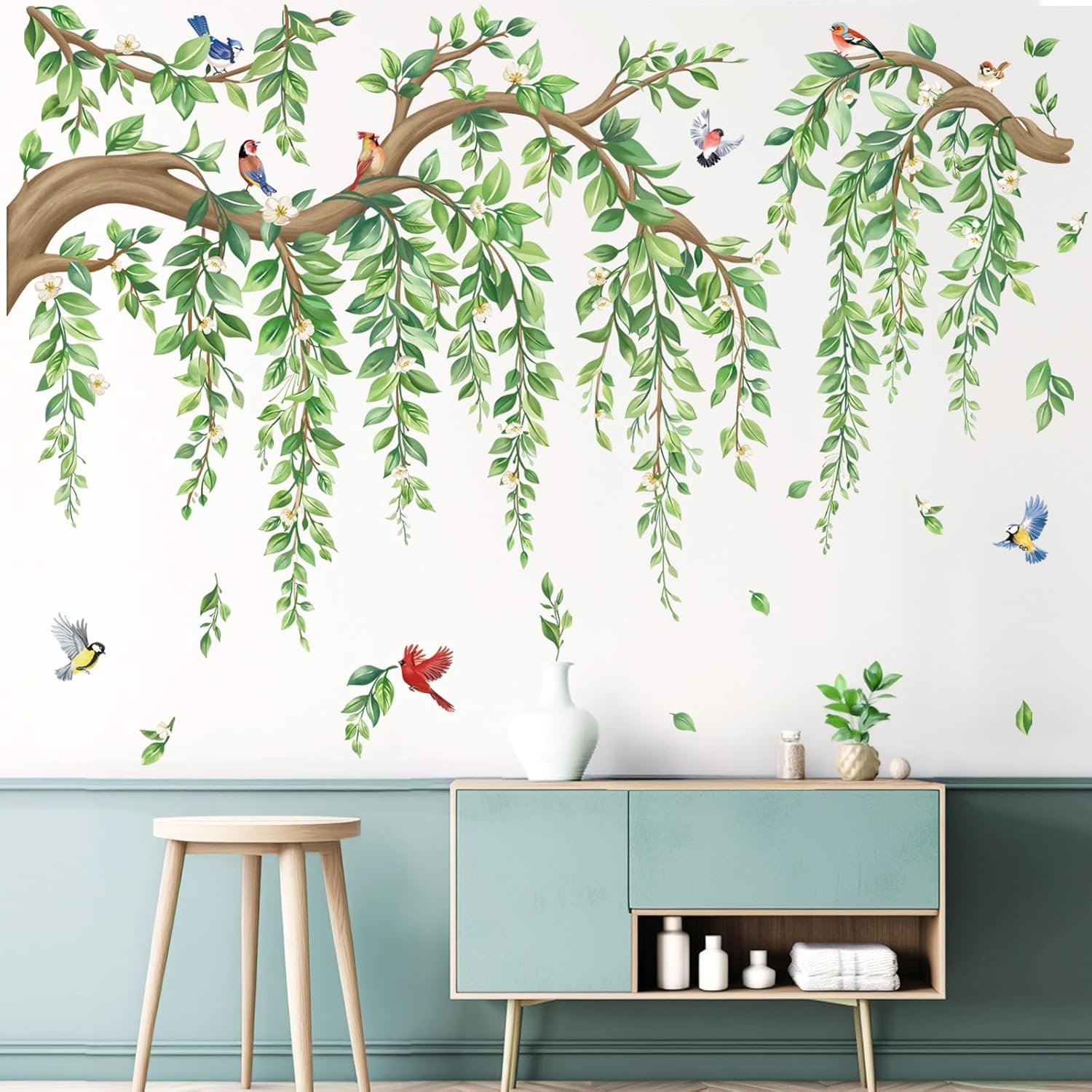 Large Tree Branch Hanging Vine Wall Stickers Leaf Flower Birds Peel and Stick Wall Art / Green