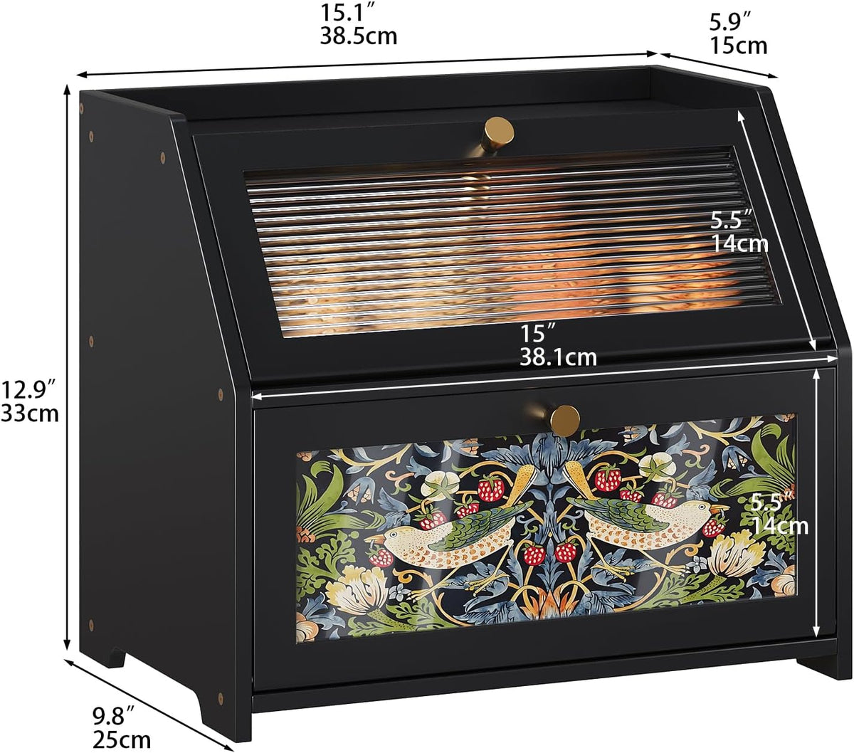 Trironsun Bamboo Bread Box for Kitchen Counter Black Bread Storage Container with Acrylic Door William Morris Flower