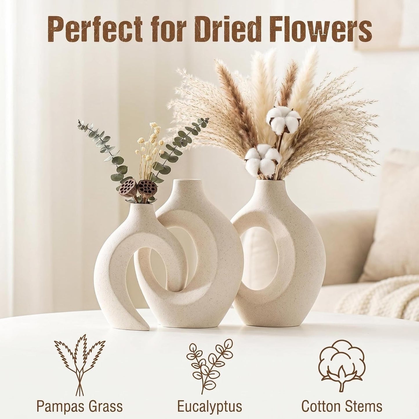 Snuggle Hollow Ceramic Donut Vase / Beige L / Set of 2