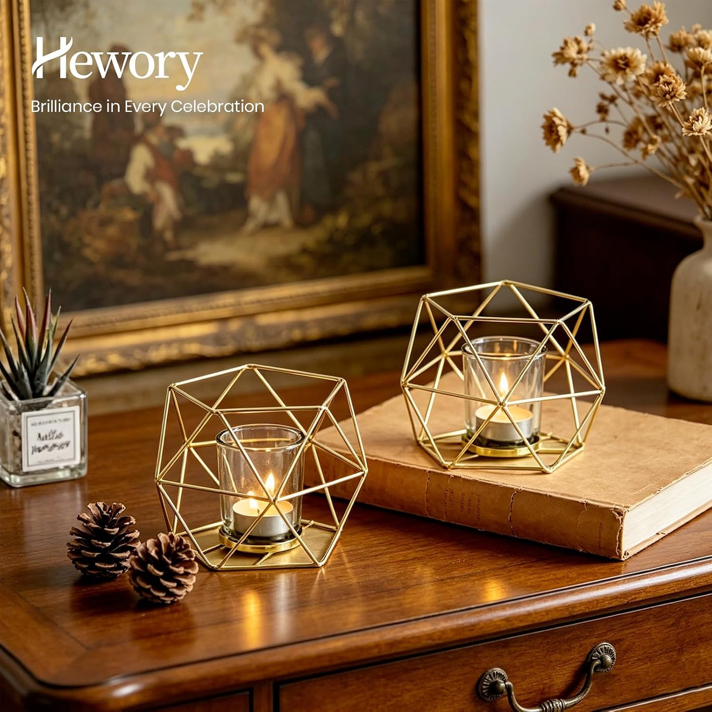 Hewory Geometric Tealight Candle Holders, 12 Pcs Wedding Table Centerpieces | Gold Candle Holders with Clear Cups, for