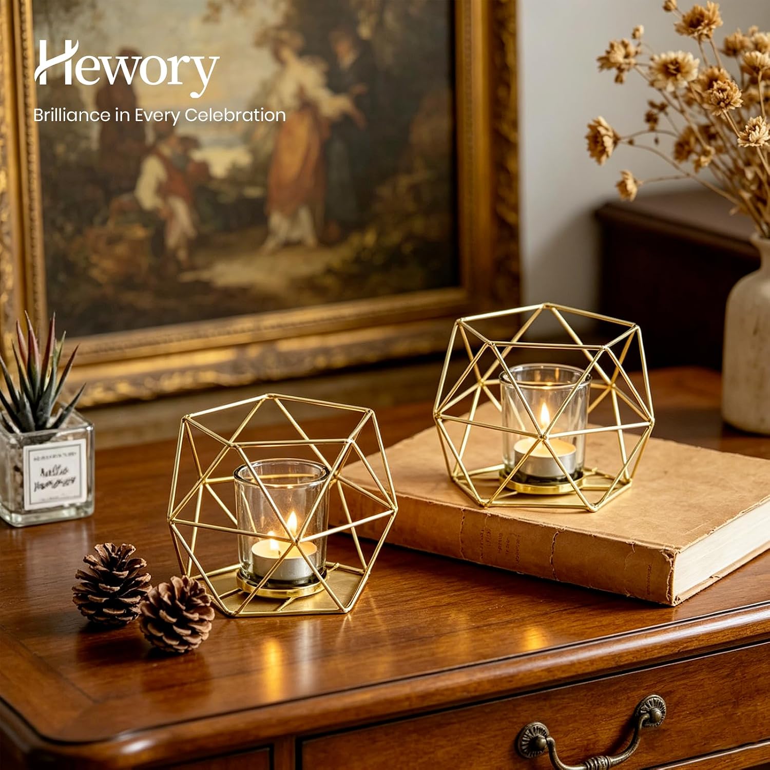 Hewory Geometric Tealight Candle Holders, 12 Pcs Wedding Table Centerpieces | Gold Candle Holders with Clear Cups, for