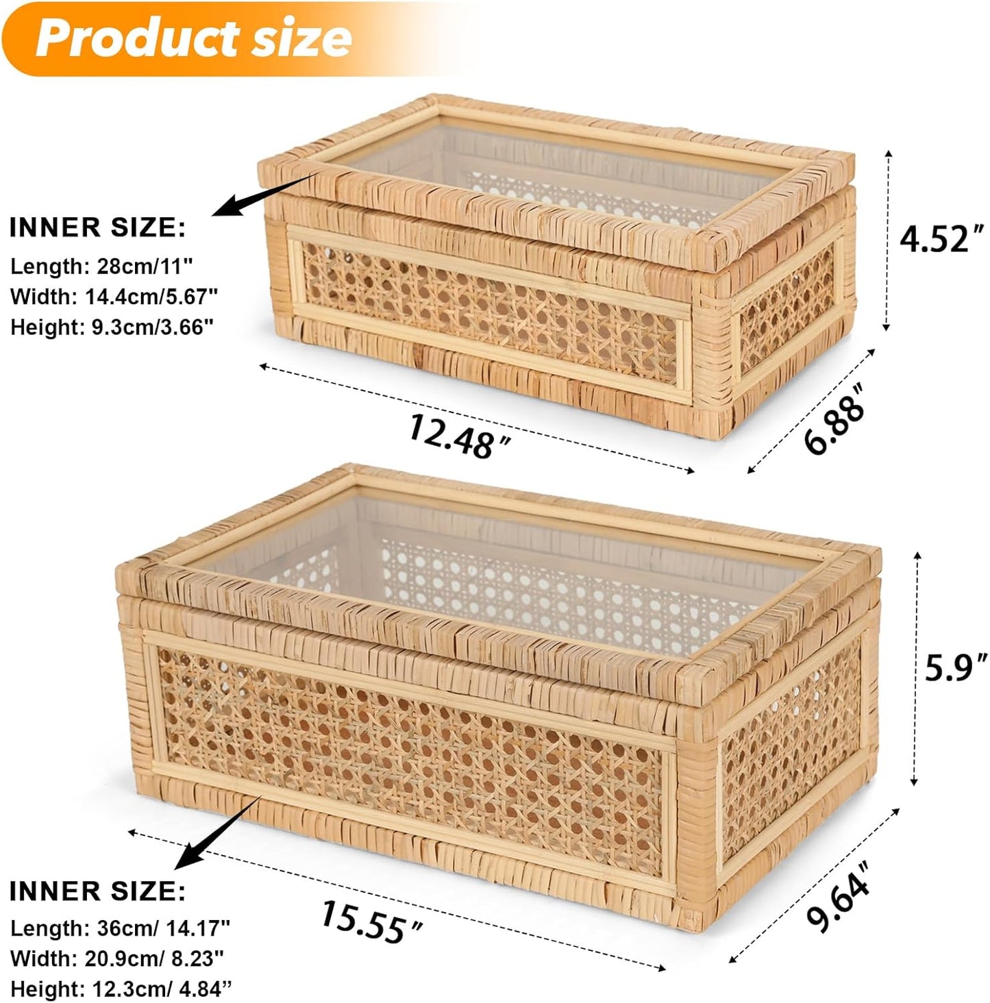 Large Handwoven Boho Rattan Display Boxes / Natural / Set of 2