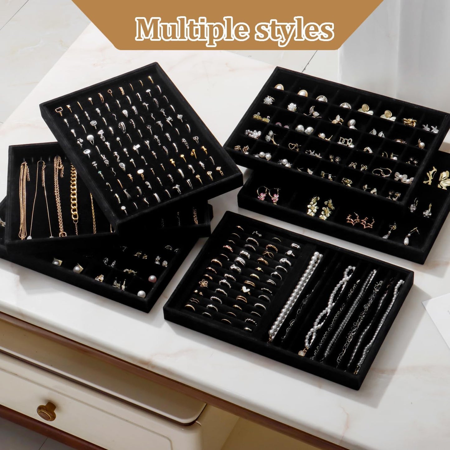 Large Velvet Jewelry Tray Stackable Jewelry Display Drawer Inserts / Black / 16 Grids / Set of 2