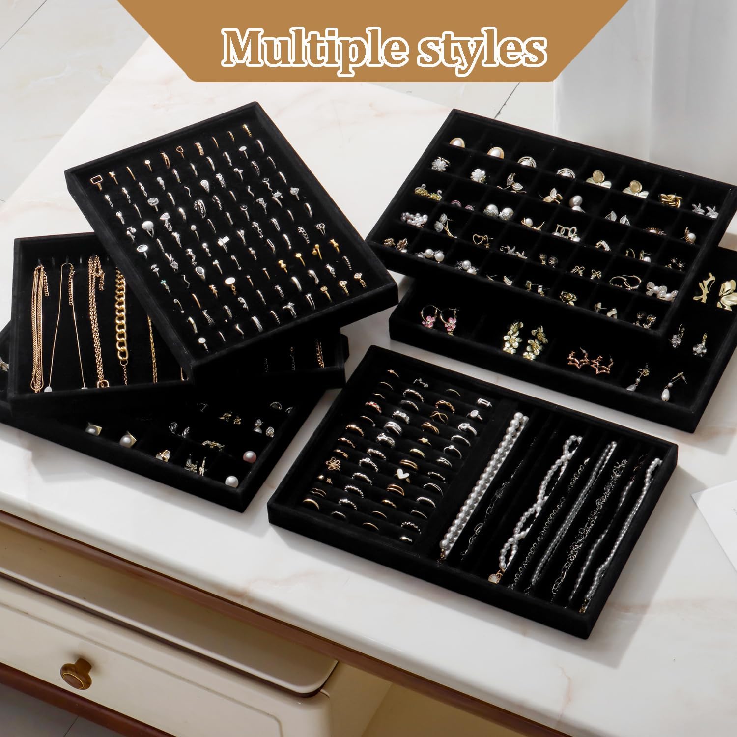 Large Velvet Jewelry Tray Stackable Jewelry Display Drawer Inserts / Black / 16 Grids / Set of 2