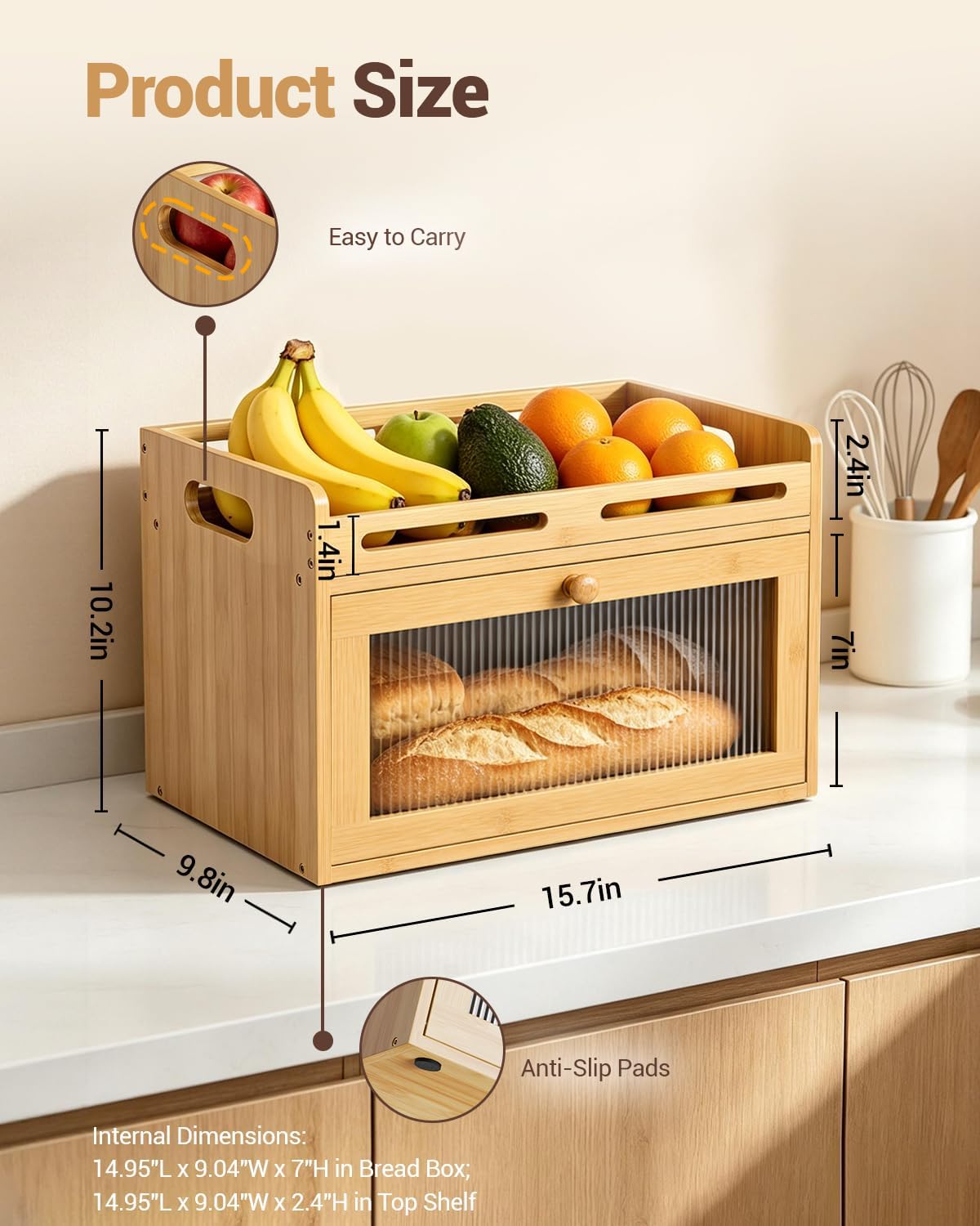 Bread Box for Kitchen Countertop, Bamboo Storage with Raised Top Shelf | Acrylic Window, Rear Vents, Magnetic Closure