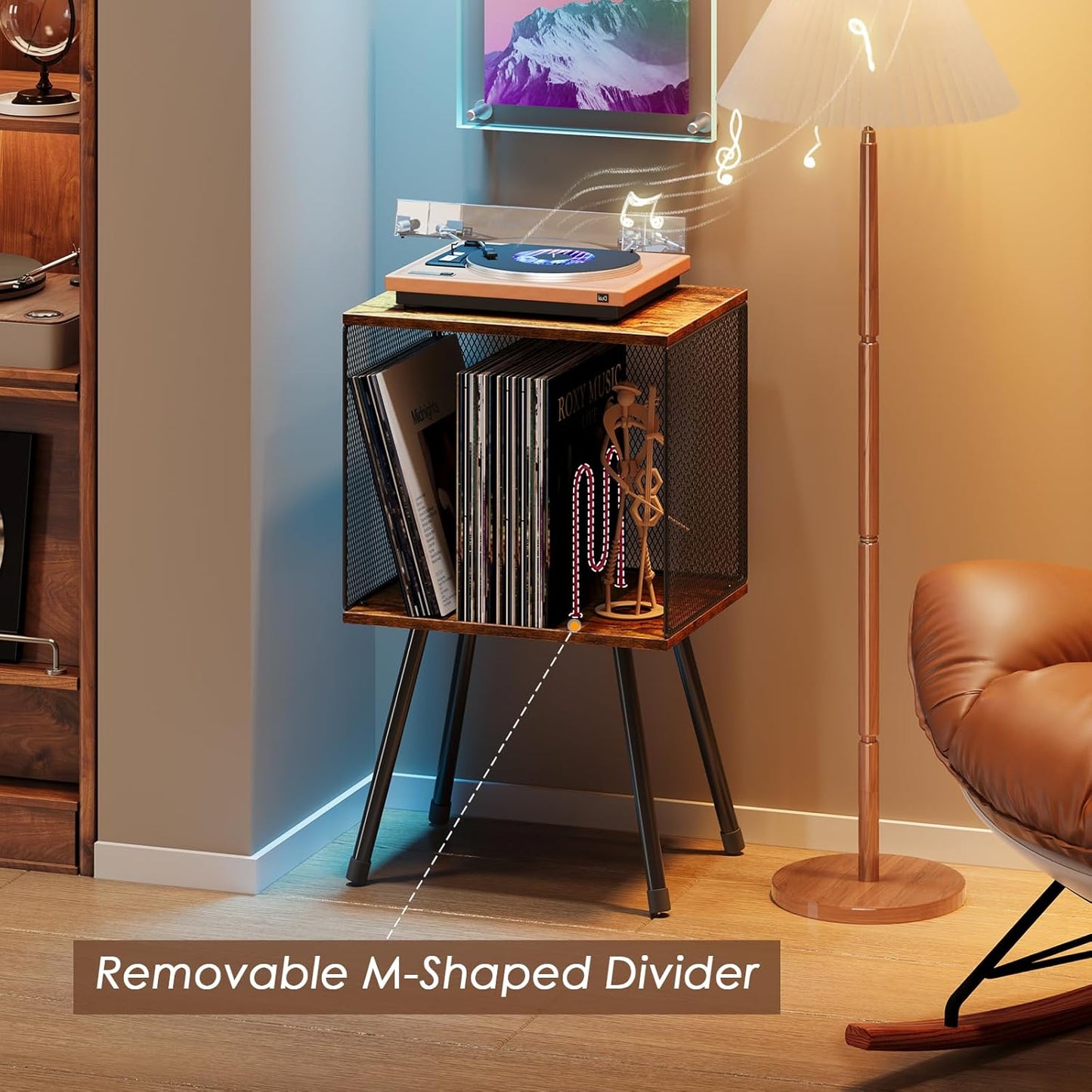 X-cosrack Record Player Stand with Storage up to 100 Albums, Retro Small Vinyl Record Holder - Adjustable Divider