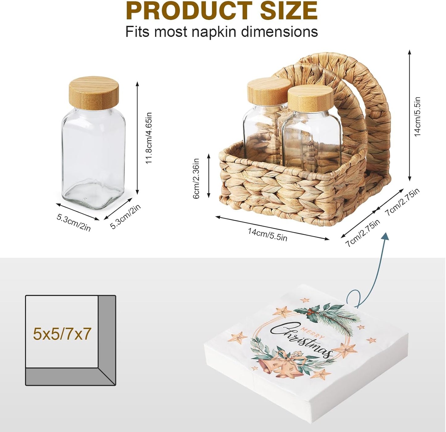 Napkin Holder / Woven Includes 2 Glass Shakers / Water Hyacinth / 5.5*5.5*5.5 / Natural