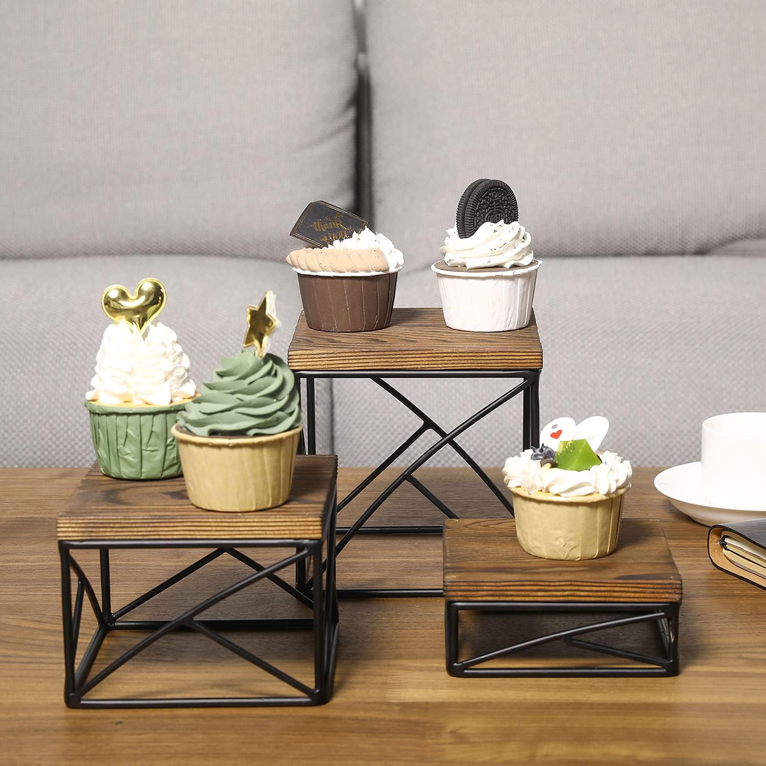 Modern Tabletop Square Dessert Stand Risers / Rustic Brown