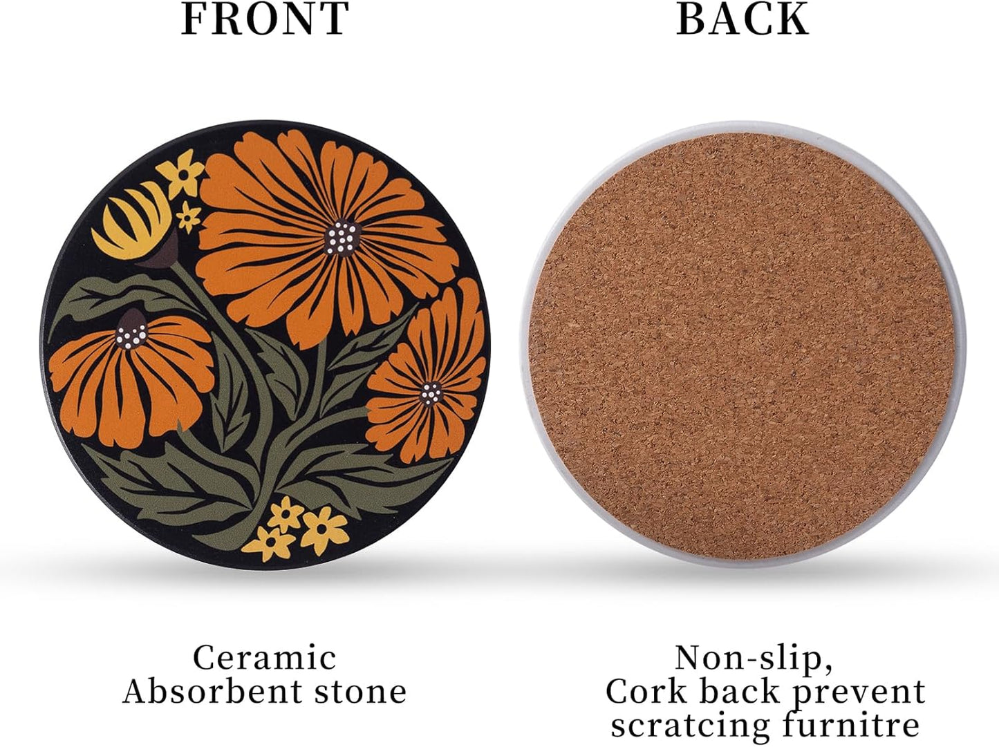 Cork Back Artistic Flowers Round Coaster Non / Flower 03 / Set of 6