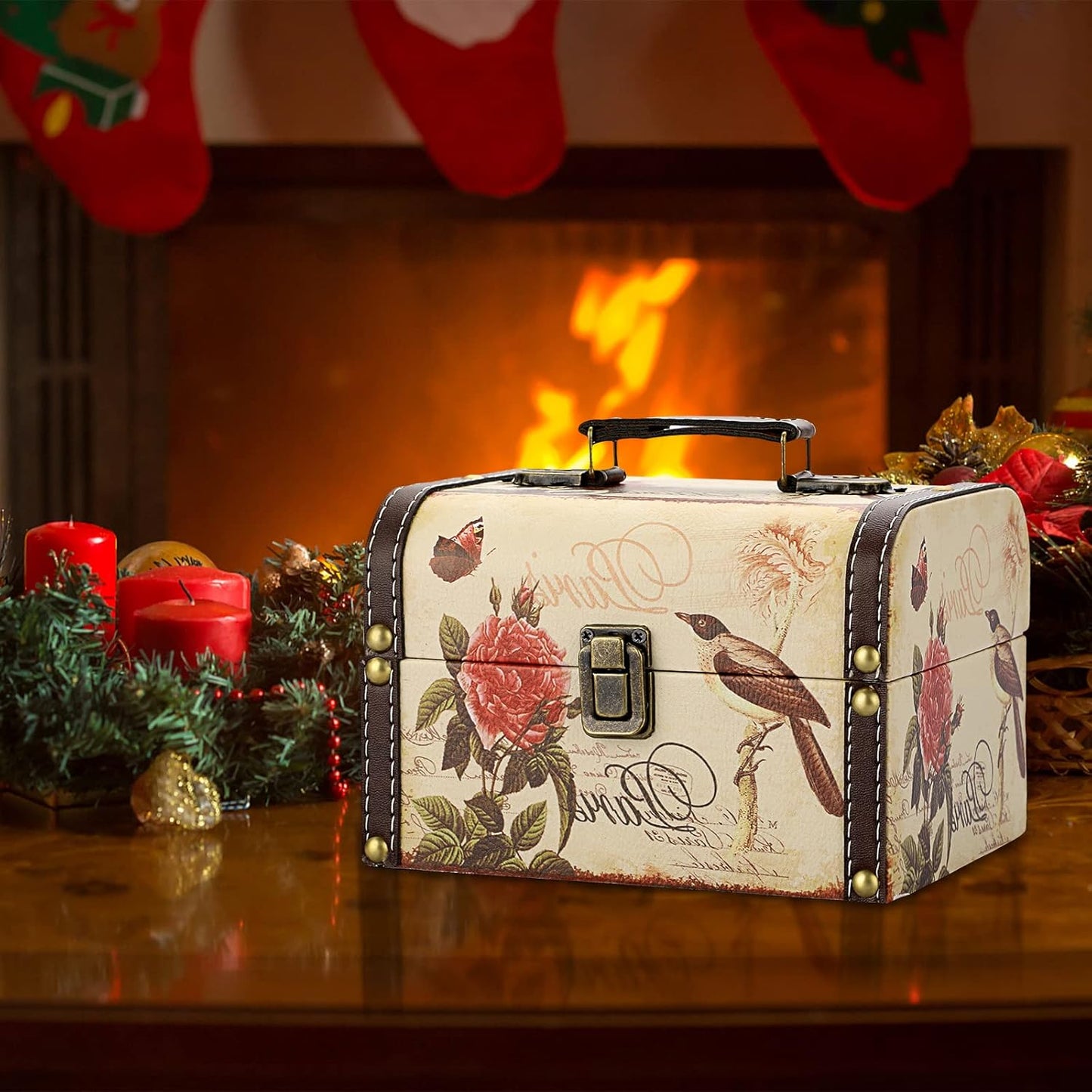 Wooden + PU Leather Storage Box for Jewelry Trinkets / Bird + Flower Pattern