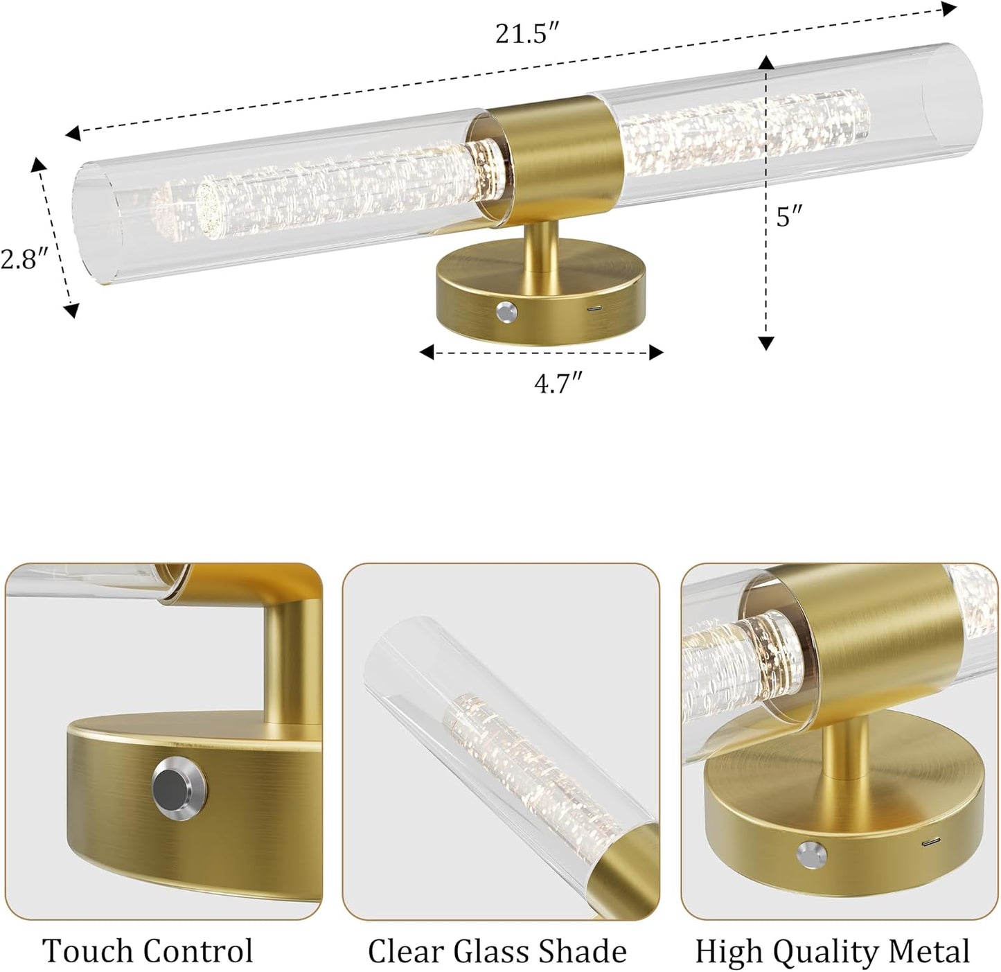 Gold Wall Sconces Battery Operated with Remote Control, 21.5 Inch 3CCT | Rechargeable Wall Sconce with Timer, Dimmable
