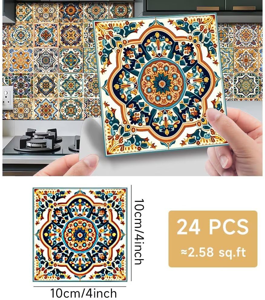 Moroccan Boho Tile Stickers Peel and Stick / 4 x 4 / Retro Green / Set of 24