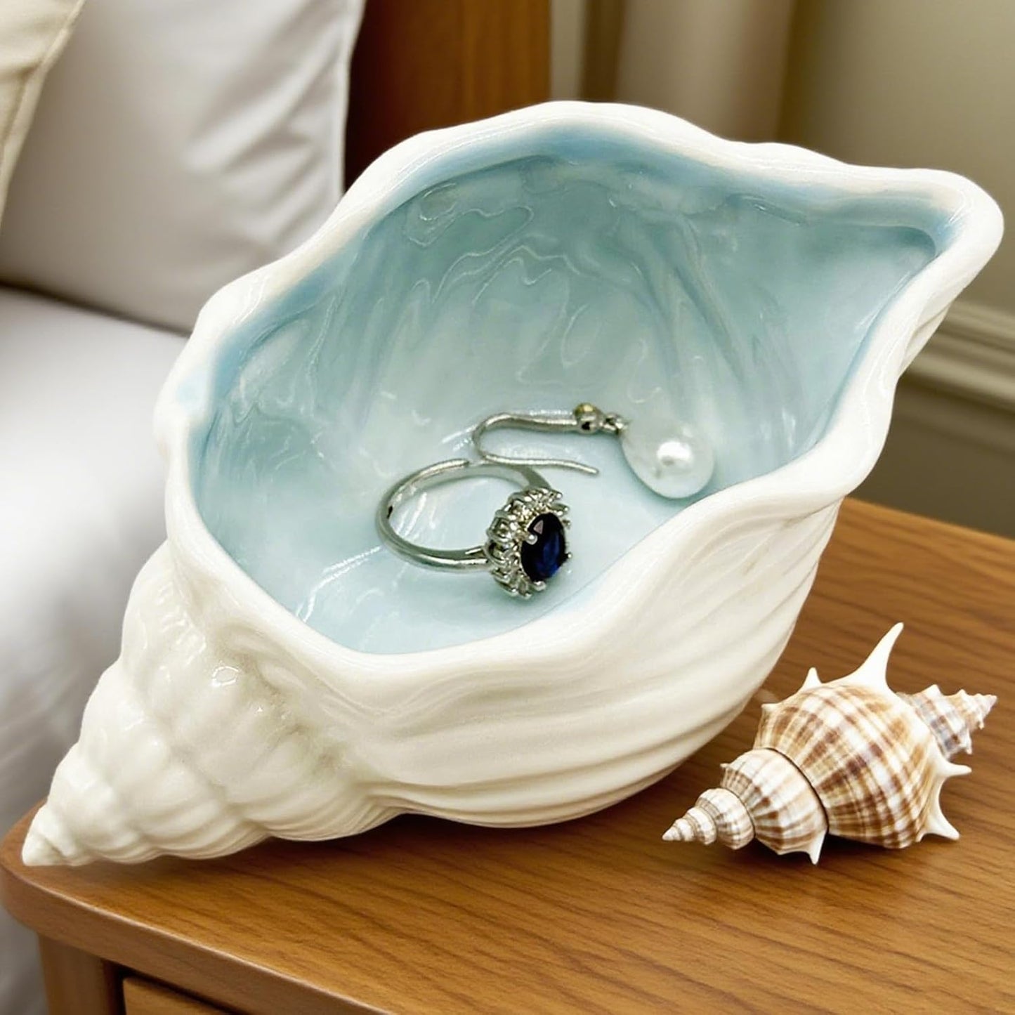 Conch Jewelry Dish Ceramic Jewelry Tray / White + Blue