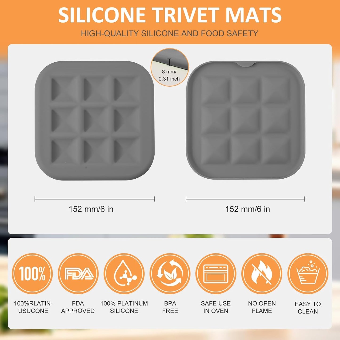 Pot Holders Hot Pads Silicone Mats / Gray / Square 6 Inch / Set of 6