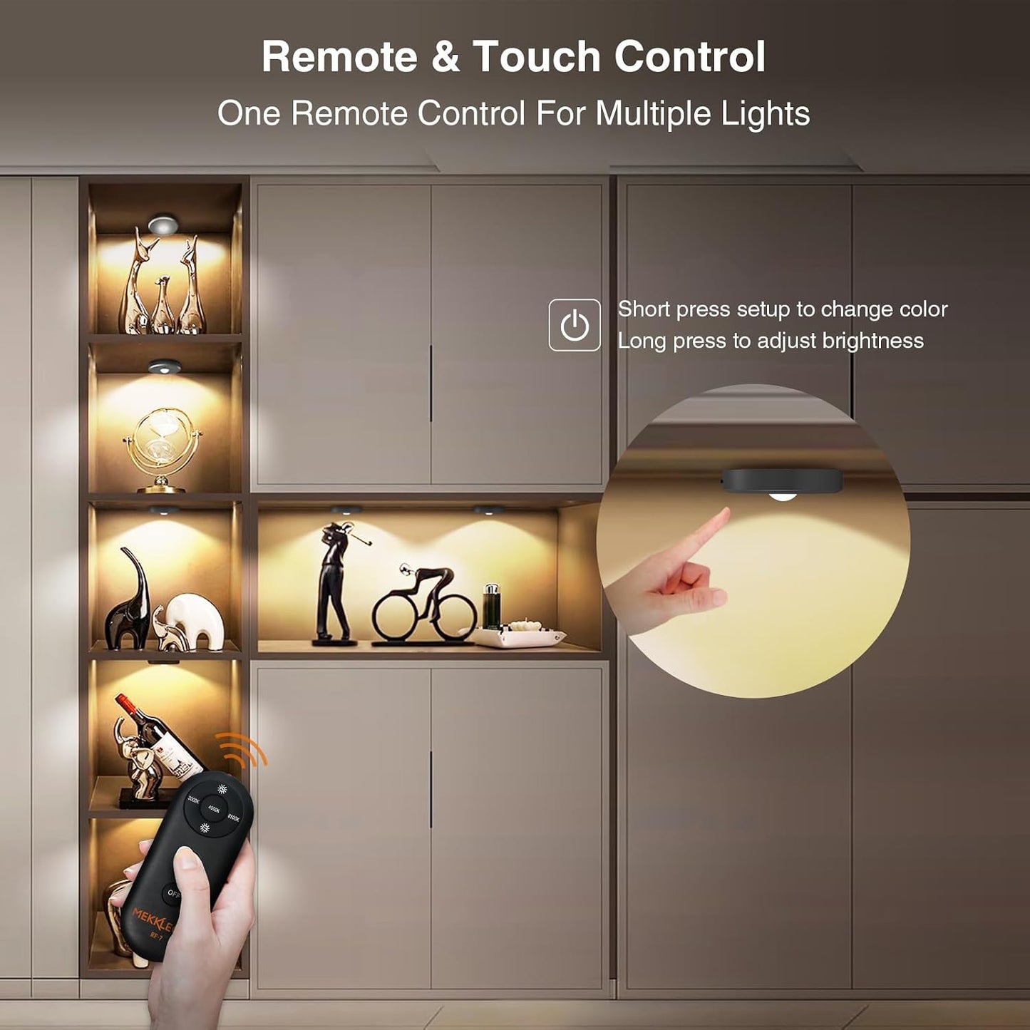 Puck Lights with Remote Control Rechargeable,Wireless Under Cabinet Lighting,2000mAh Battery Operated Tap Push Touch