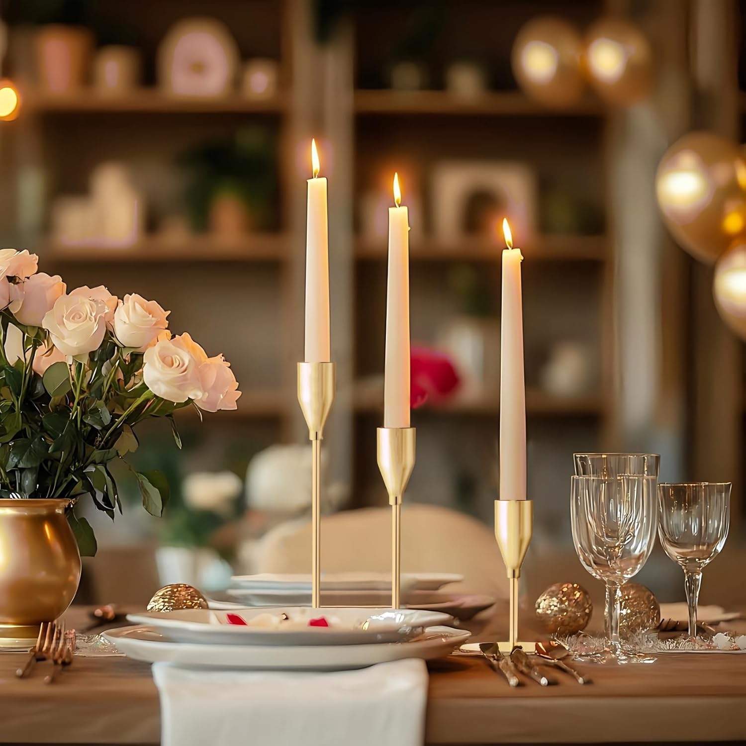 Gold Candlestick Holders, Metal Taper Candle Holders, Set of 6 | Elegant gold candle stands, 3 heights, for wedding