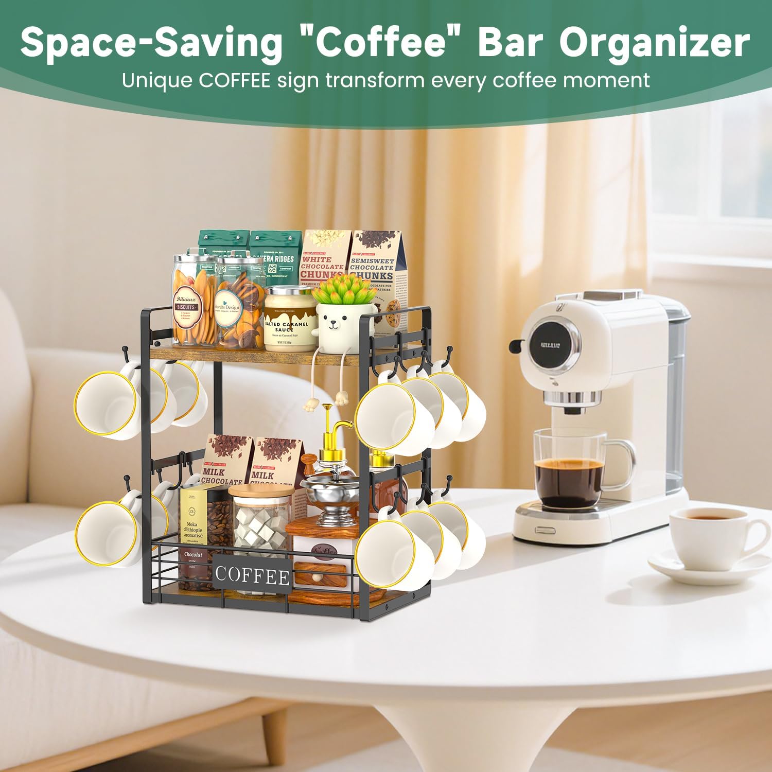 EsLuker.ly Coffee Mug Cup Holder Tree Bar Station Organizer, 2 Tier | Mug Stand Rack for Countertop Kitchen, Storage