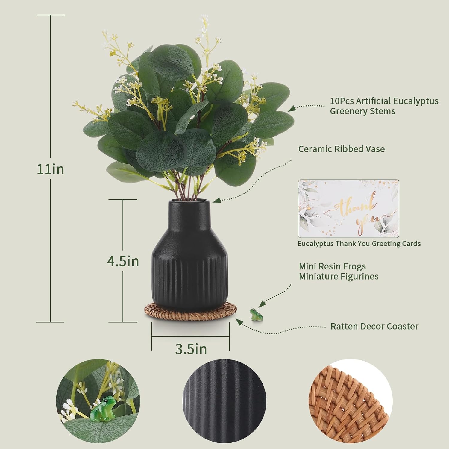 Artificial Eucalyptus Greenery Stems in Ceramic Vase / Black / Set of 10