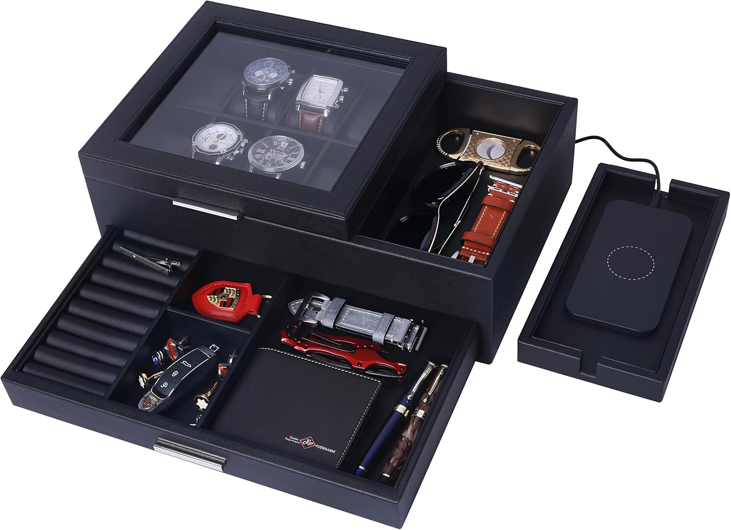 Mens Jewelry Box Organizer with Charging Station - Valet Tray with Drawer for Watch, Wallet, Sunglasses, Keys