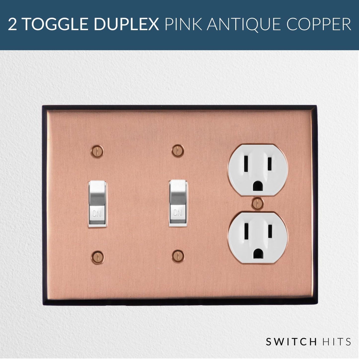 Pink Antique Copper Outlet Wall Plate | 2 Toggle - 1 Duplex | 6.25" x 4.5" | Hand-Polished Brass Construction