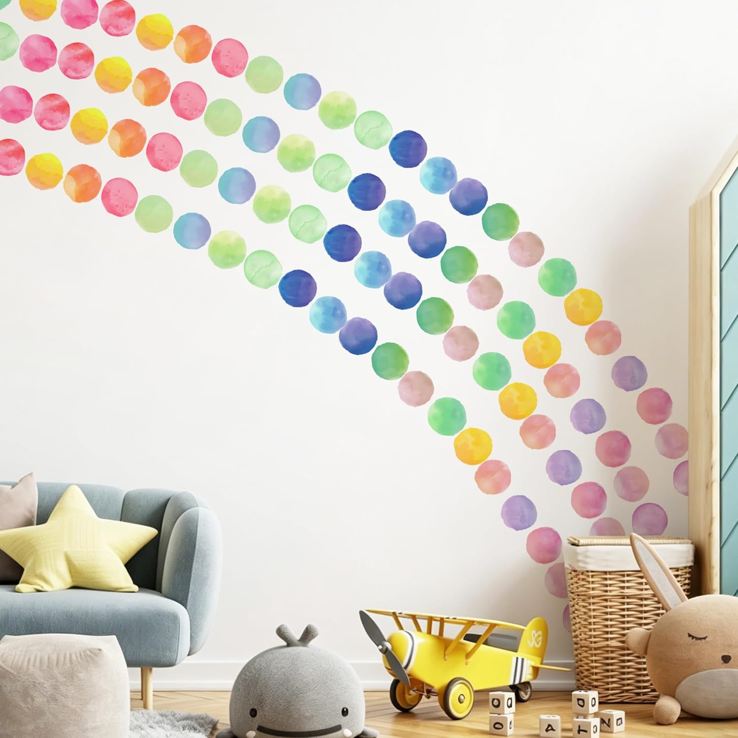 Rainbow Colored Removable Round Stickers / Boho Watercolor Polka Dot Wall Decals
