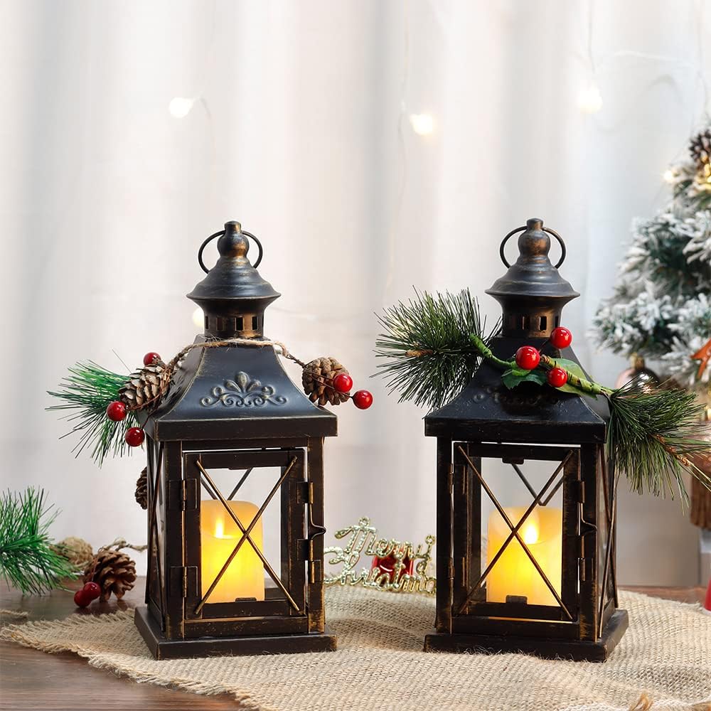 TRIROCKS Set of 2 Decorative Candle Lantern 11'' High Metal Candle Holder Hanging Lantern Perfect for Home Decor