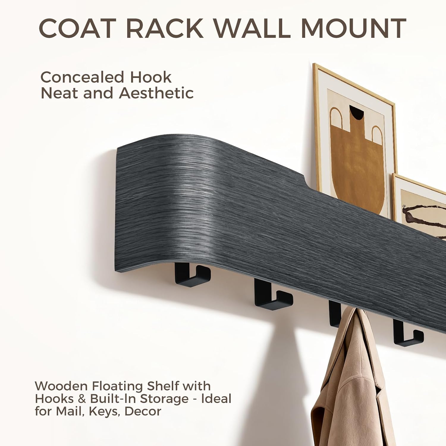 Shelf Entryway Shelf Modern Key Holder Hanger Wall Shelves / Black / 5 Hooks