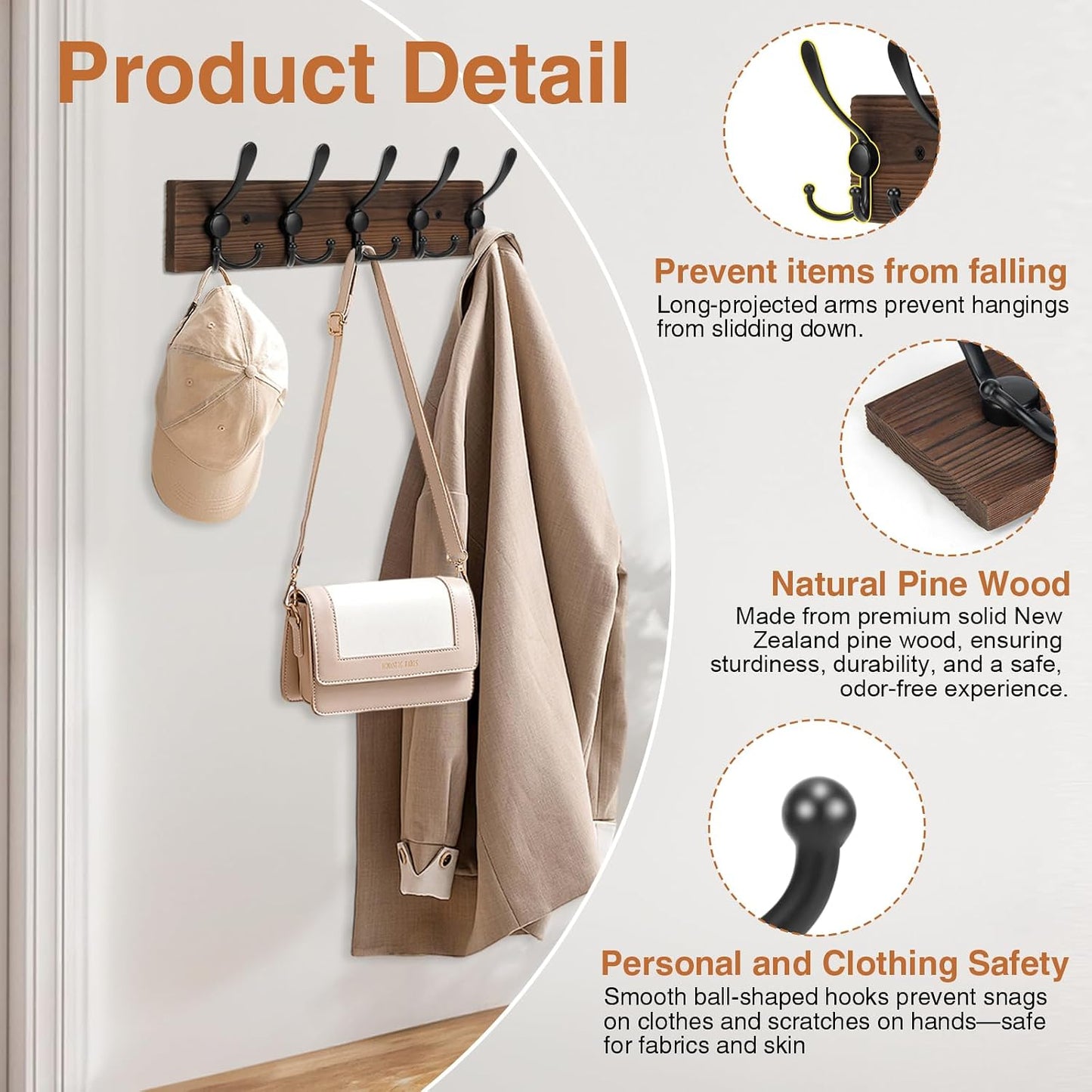 Wooden Coat Rack Wall Mount Heavy Duty, 2 Pack Coat Hanger Wall Mount with 5 Triple Hooks for Clothes, Jacket, Hat