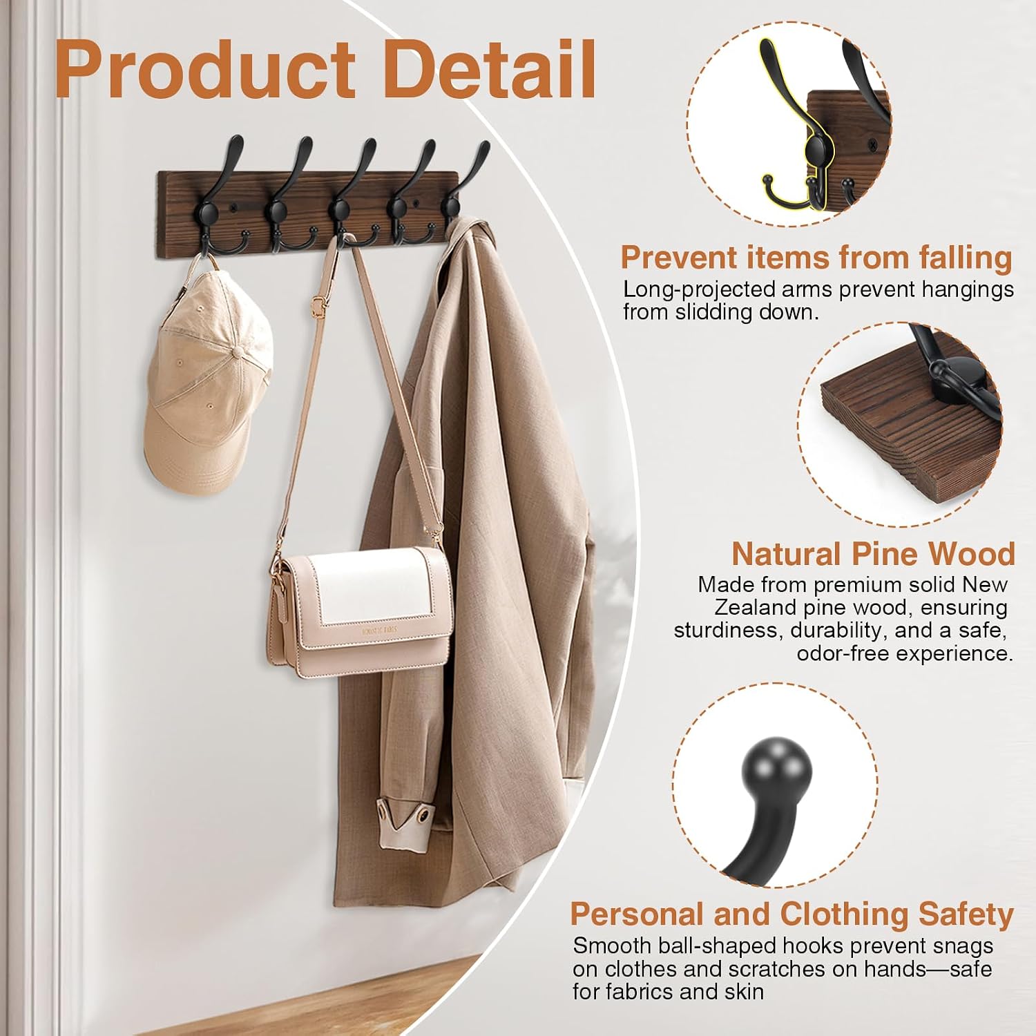 Wooden Coat Rack Wall Mount Heavy Duty, 2 Pack Coat Hanger Wall Mount with 5 Triple Hooks for Clothes, Jacket, Hat
