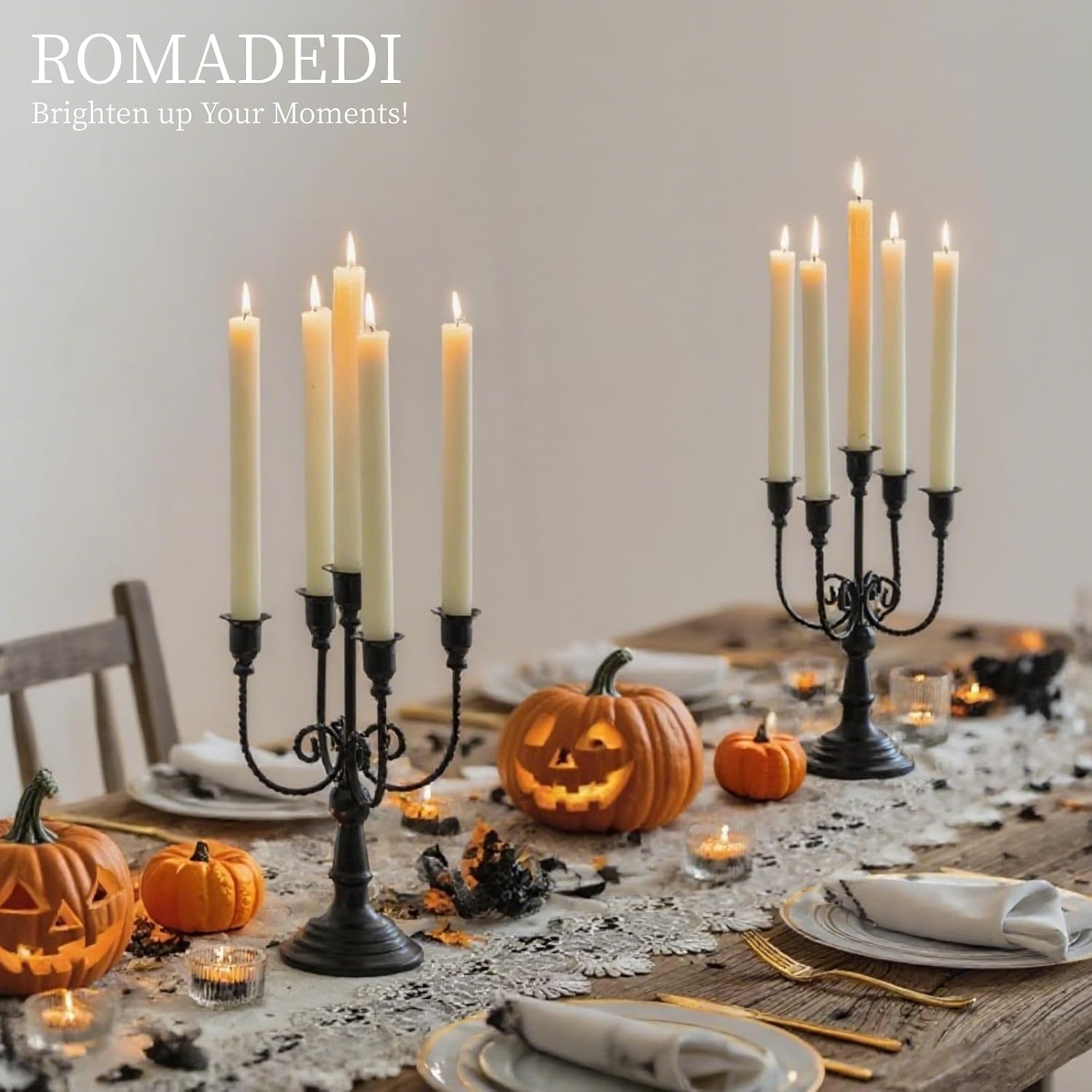 Romadedi Halloween Candelabra, Black 5-Arm Candlestcik Holder, Set of 2, 11.8 in