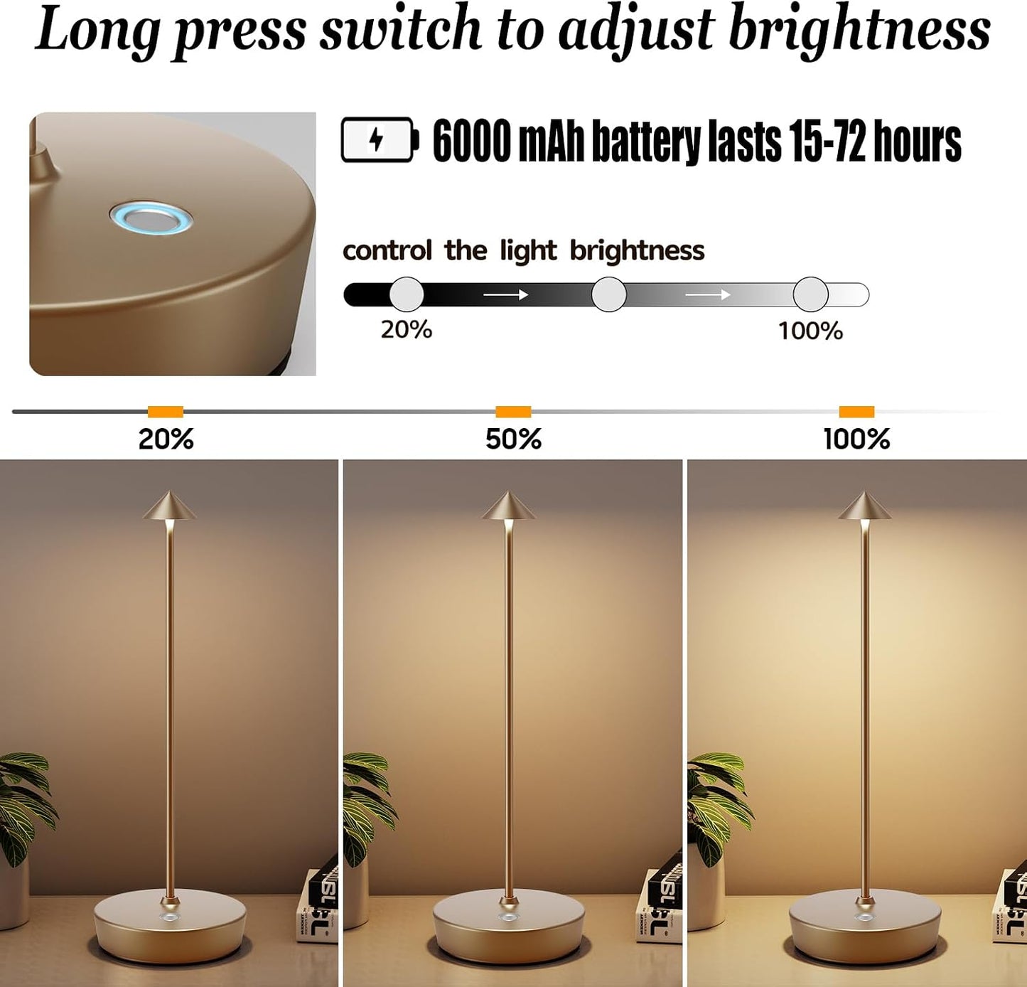 Rechargeable Cordless Table Lamp, Portable Powered LED Battery 6000mAh Metal USB Desk Lamp, 3 Levels Brightness Light