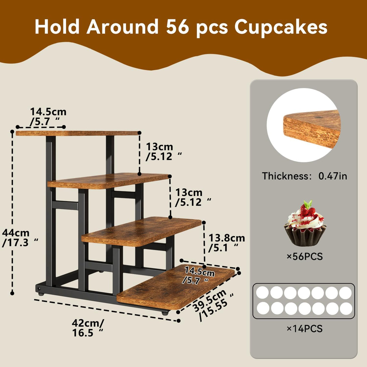IBUYKE 4 Tier Cupcake Stand,Tiered Display Stand,Brown TLJ018H | Wooden Risers Display Stands for food Dessert Table