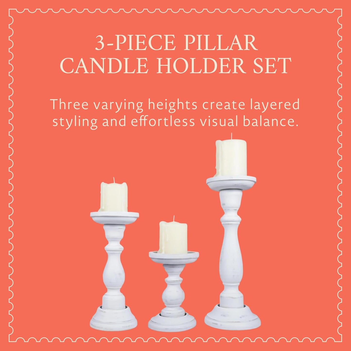 Tuli Mango Wood Candle Holders - Shabby White, Set of 3 | Hand-carved candle holders for table, mantel and living room