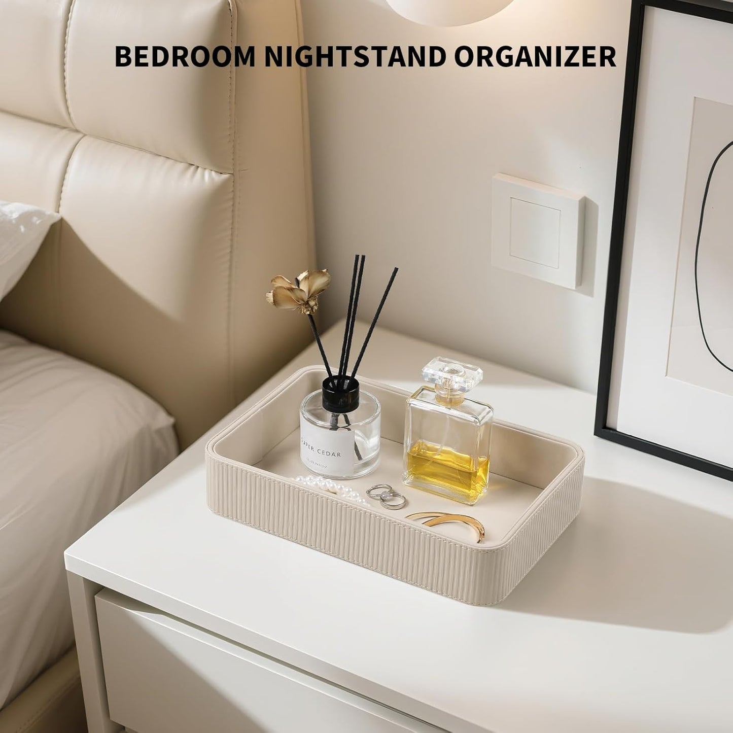 Modern Nightstand Organizer Bedside Desktop Storage for Womens and Men / Beige