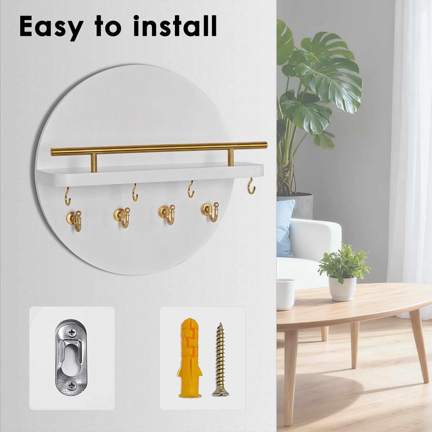 Shelf and Hooks / White&gold / 11.8 Inch