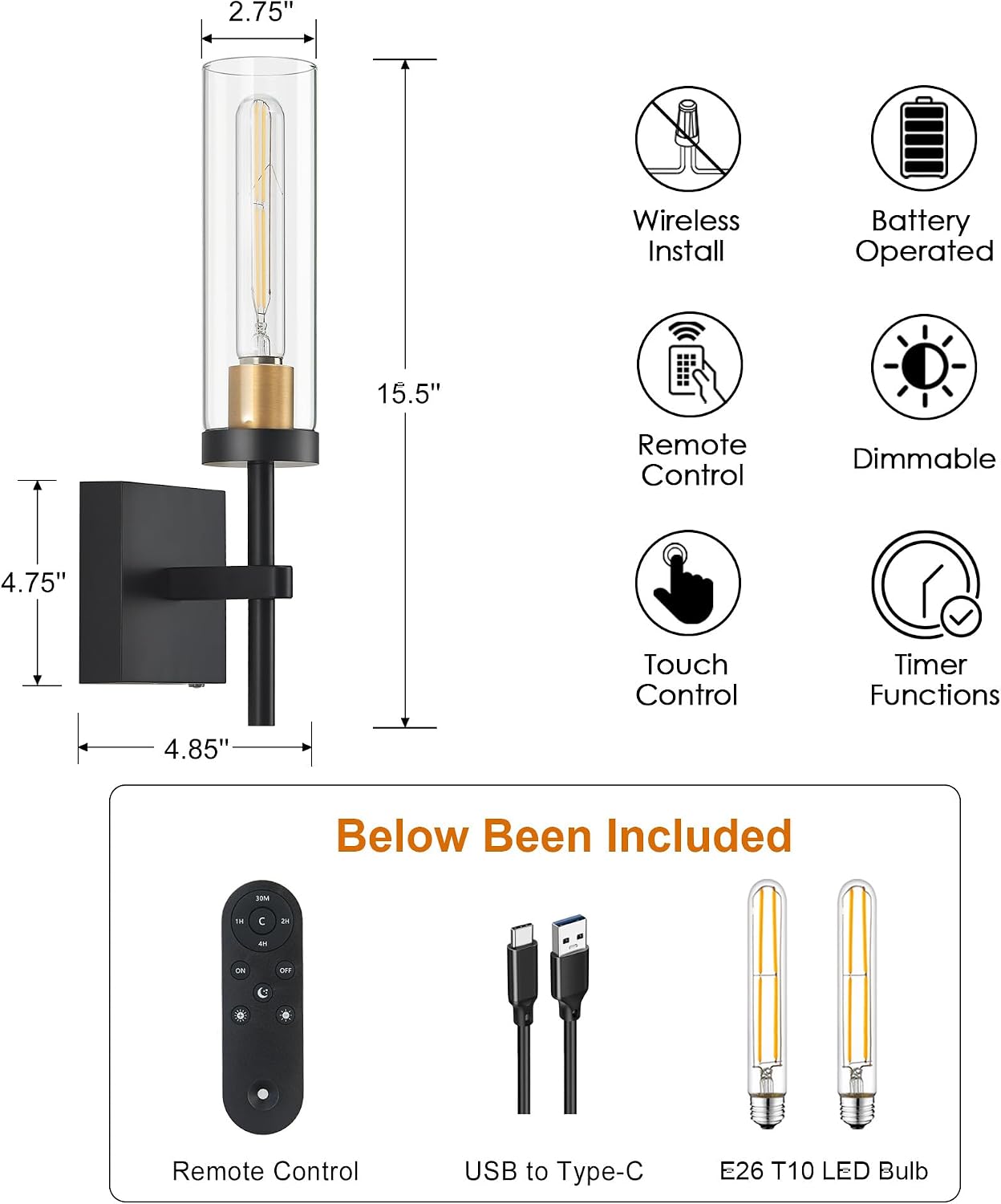 Wireless Wall Sconces with Remote Control, Battery Operated Wall Sconce Set of 2, Black & Gold Rechargeable Dimmable