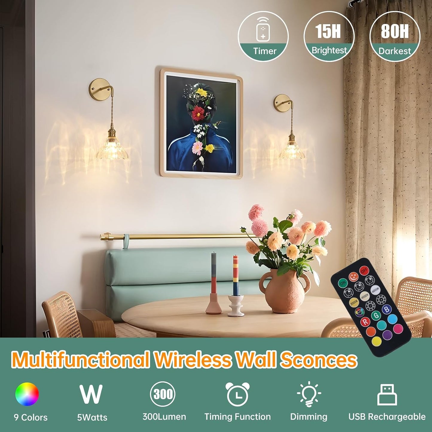 Shenmoyl Battery Operated Wall Sconce Wall Lamp with Clear Lily of the Valley Shade Pattern Glass Adjustable Chain